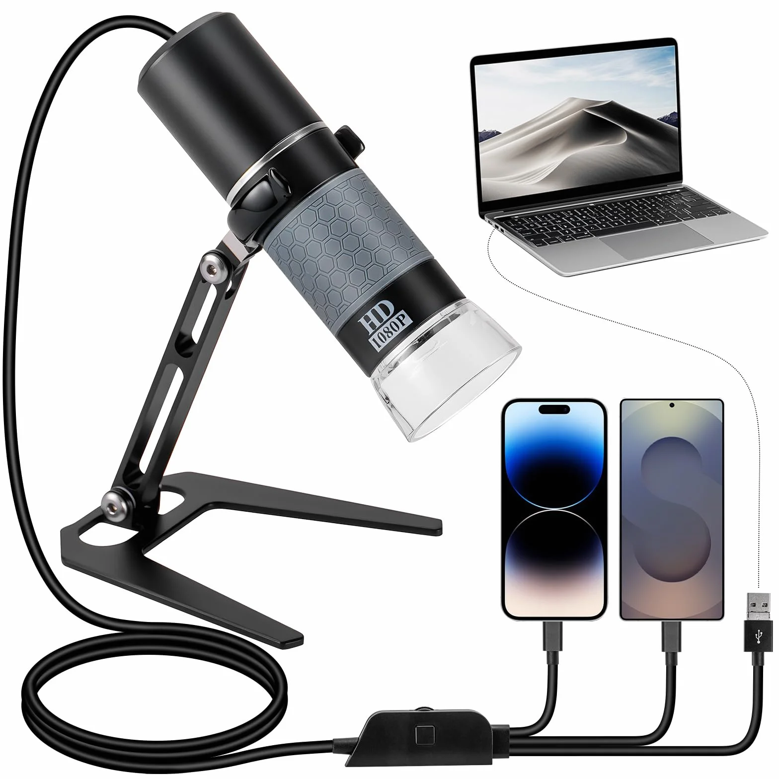 Mikroskop USB 1080P z metalowym stojakiem, ręczny mikroskop cyfrowy 50X-1000X, kompatybilny z iPhone/Android/Windows/Mac