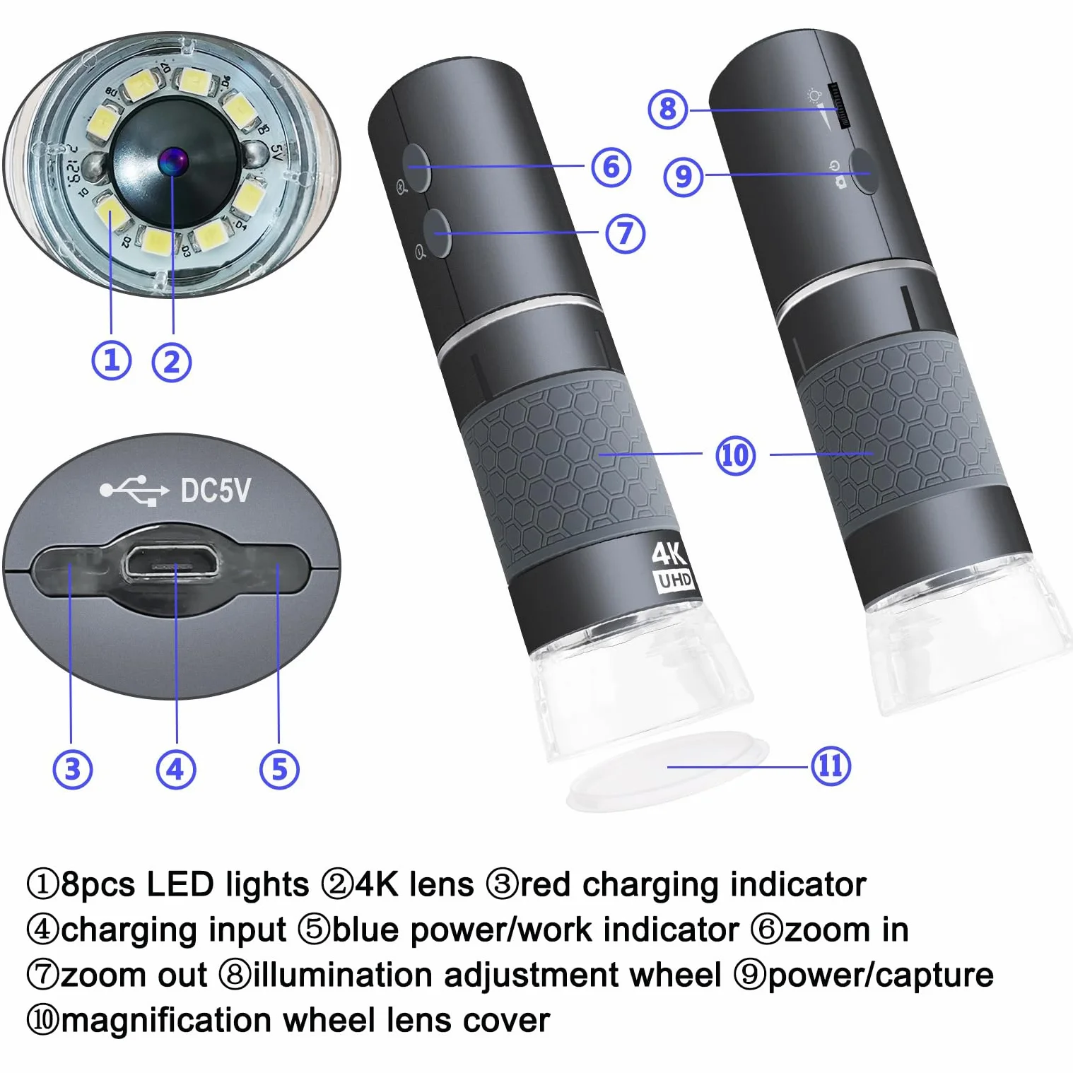 Jiusion Cyfrowy mikroskop ręczny WiFi USB, bezprzewodowe powiększenie od 50 do 1000x Endoskop 4K 3840x2160P Kamera 8 diod LED Kompatybilny z iPhone iPad Android Mac Windows Linux Chrome