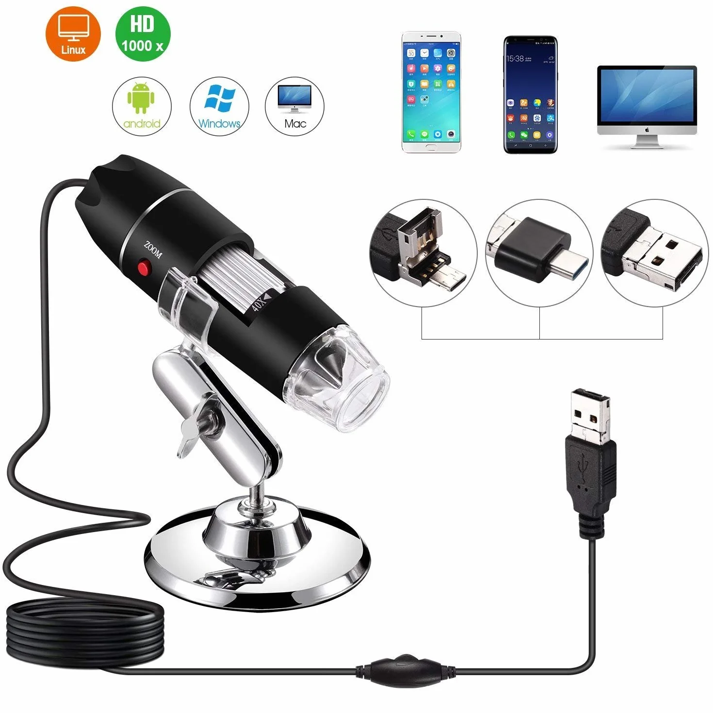 Jiusion Endoskop z powiększeniem od 40 do 1000x, 8 LED USB 2.0, mini kamera z adapterem OTG i metalowym stojakiem, kompatybilny z Mac Windows 7 8 10 11 Android Linux Chrome