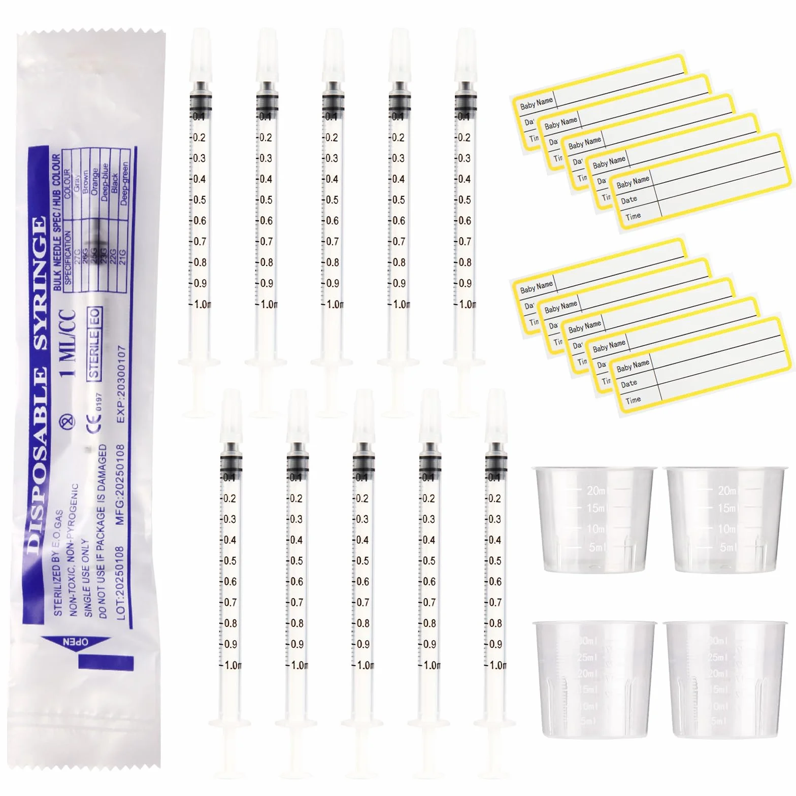 Strzykawki 1 ml z nakrętkami bez igły, strzykawki z siarą, 20 ml, 30 ml kubki pomiarowe i 30 naklejek, do napełniania i pomiaru płynów, laboratoriów naukowych, podlewania roślin, karmienia zwierząt
