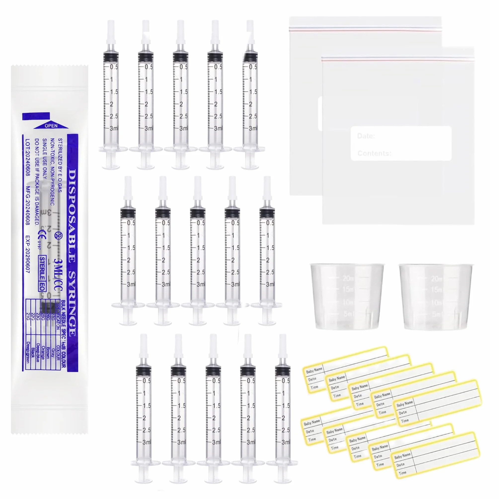 30 sztuk strzykawek 3 ml z nasadkami, strzykawka z siarą bez igły, miarka 20 ml, 30 naklejek i 2 zalakowane worki, do napełniania i pomiaru płynów, laboratoriów, nawadniania roślin