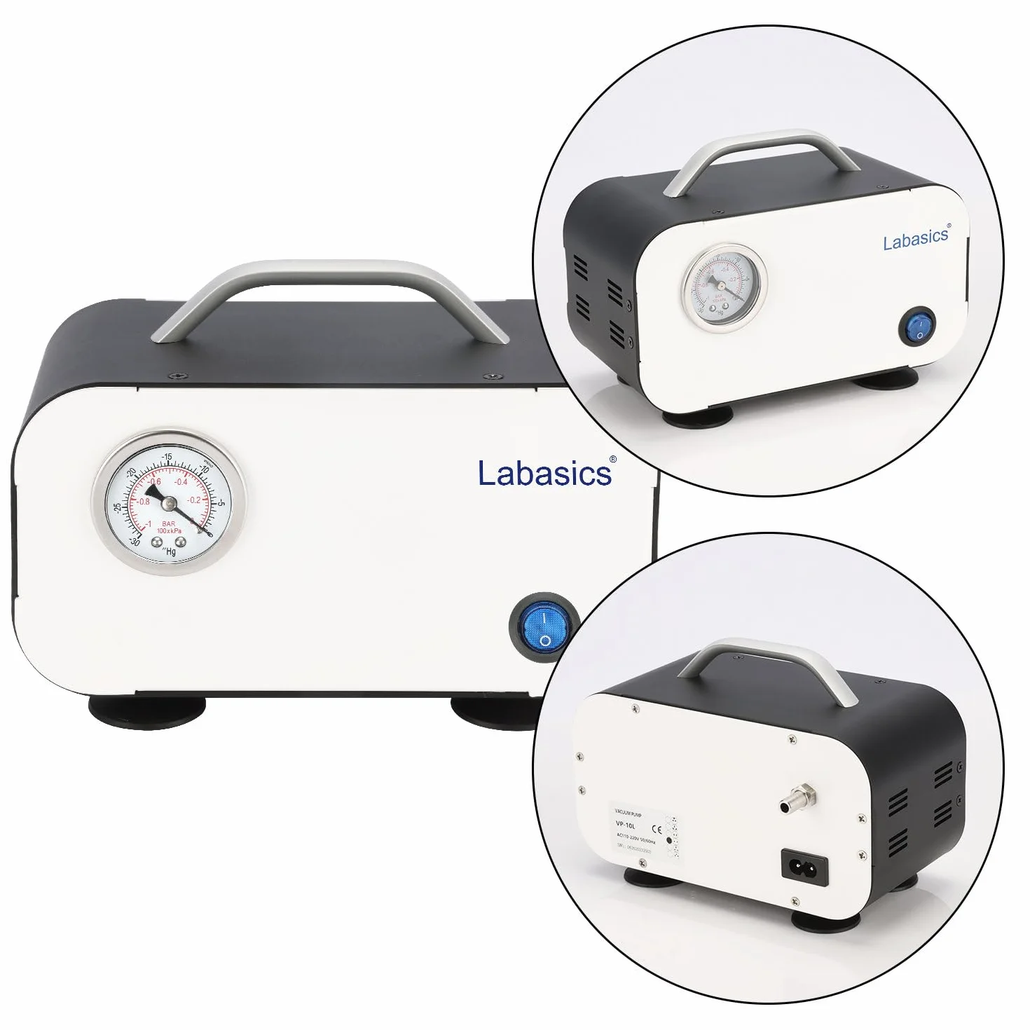 Labasics Membranowa pompa próżniowa, bezolejowa przenośna pompa ciśnieniowa z wydajnością 10 L/min do prac laboratoryjnych z filtracją próżniową i destylacja, 110-220V