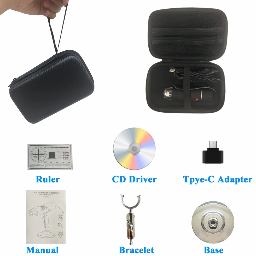 Jiusion Oryginalny mikroskop USB 40-1000X, z przenośną torbą, cyfrowe powiększenie, 8 diod LED, metalowa podstawa do Micro USB typu C, do systemów Android, Windows, Mac, Linux i Chrome