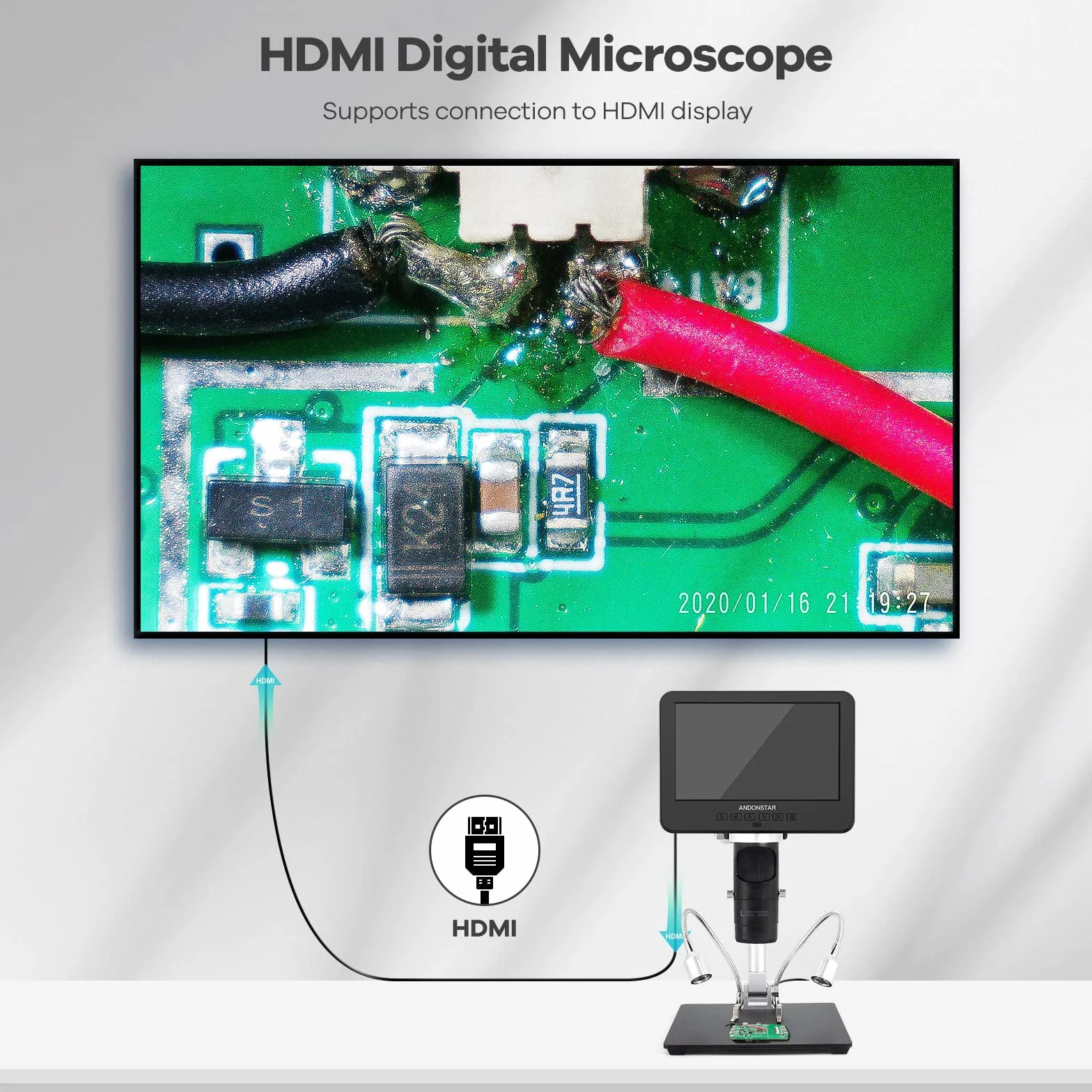 Andonstar AD246S mikroskop cyfrowy HDMI 2000x dla dorosłych, 3 soczewki 2160P UHD, 7-calowy mikroskop lutowniczy LCD, mikroskop monetowy, zestaw mikroskopu biologicznego z kartą 32 GB, kompatybilny z systemem Windows