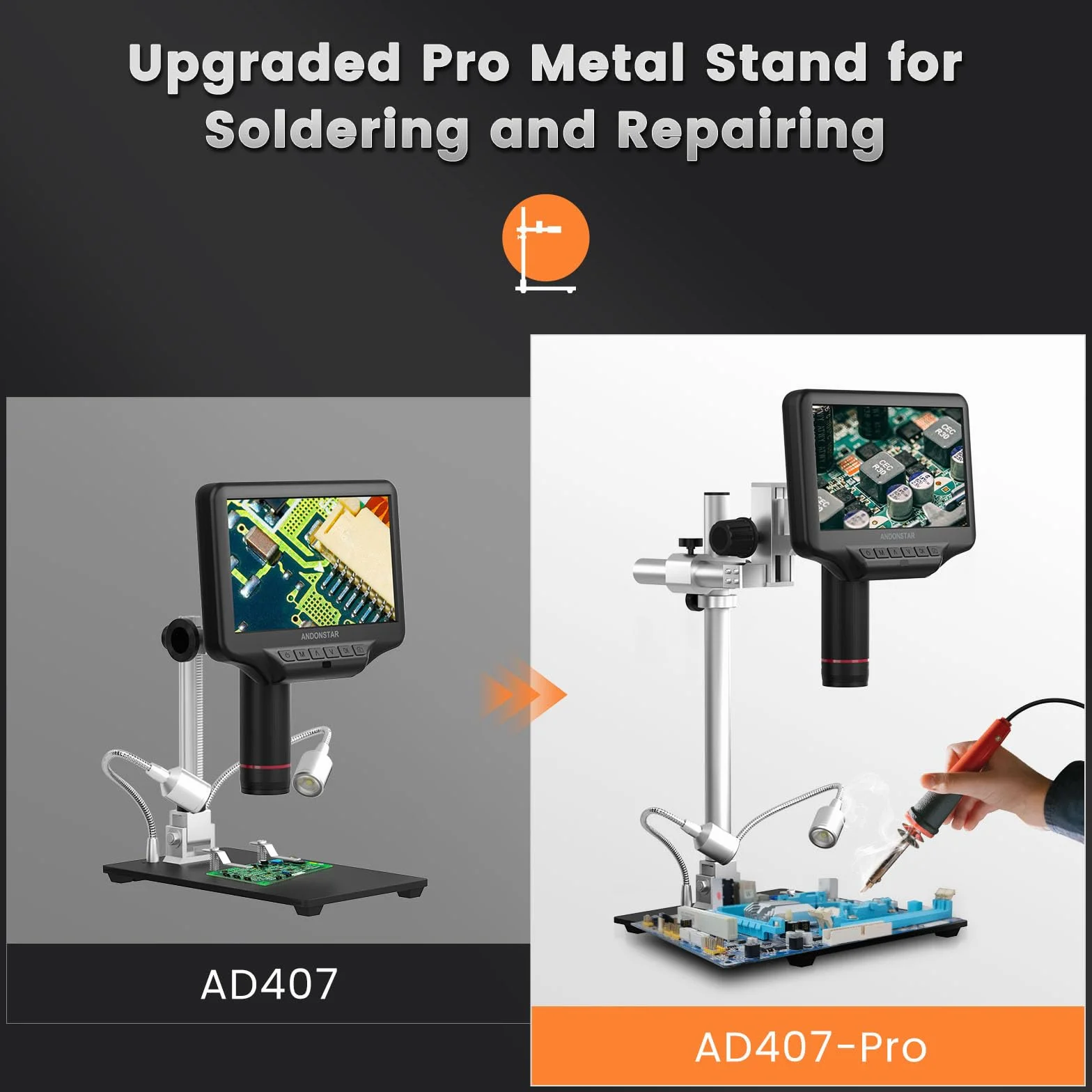 Andonstar AD407 Pro 3D HDMI lutowany mikroskop cyfrowy, 4MP 2160P UHD Nagrywanie wideo, 7-calowy regulowany ekran LCD USB Wideo Elektroniczne mikroskopy do naprawy, Płytka drukowana, SMT SMD DIY