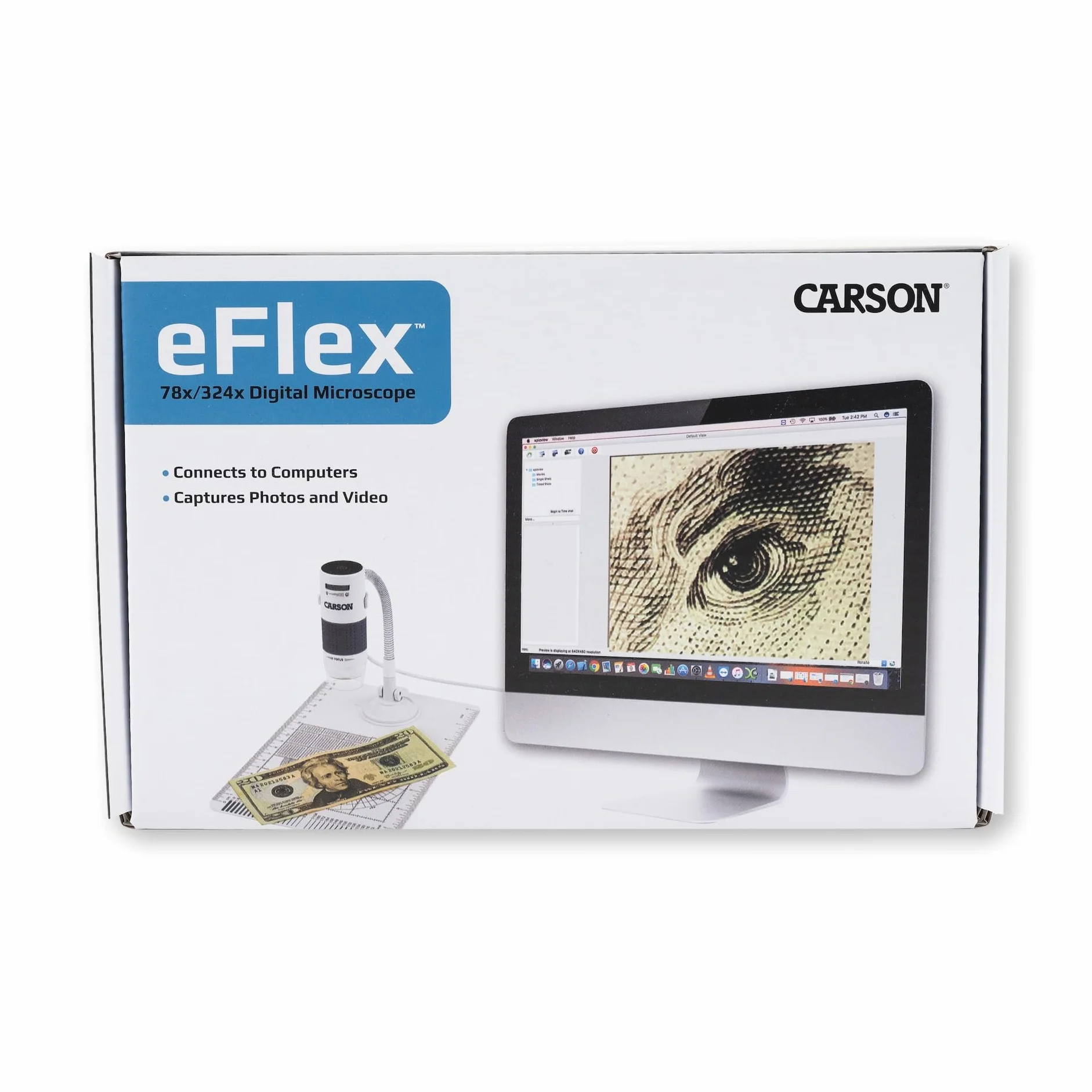 Carson MM-840 eFlex LED cyfrowy mikroskop USB z elastyczną podstawką i podstawą 75x/300x (oparty na monitorze 21″)