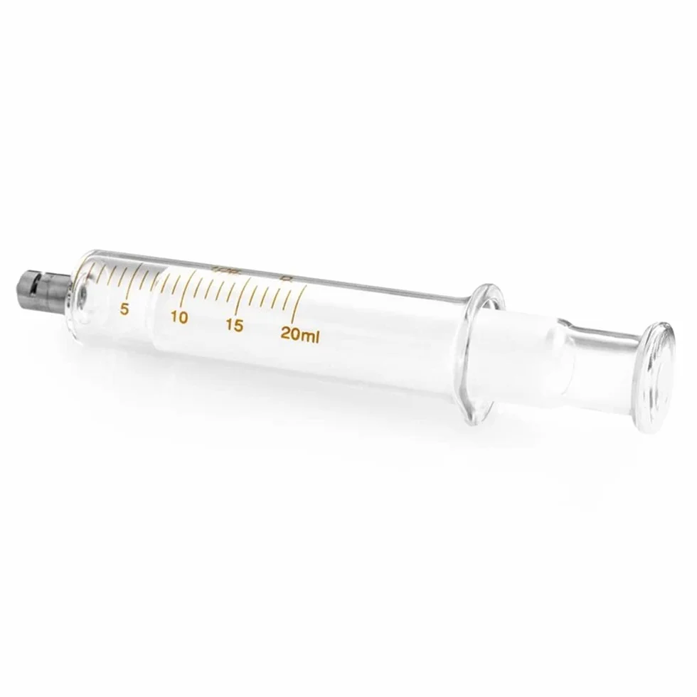 2 sztuki szklanych strzykawek z nakrętkami, 20 ml Luer Lock szklana strzykawka wielokrotnego użytku, metalowy Luer Lock kaliber wtryskiwacz laboratoryjny do laboratorium