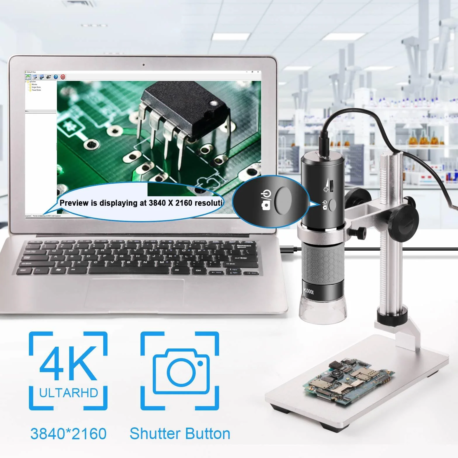 Mikroskop 4K WiFi z profesjonalnym stojakiem, cyfrowy mikroskop USB z kamerą HD 50-1000X Kompatybilny z iPhone, iPad, Android telefonem tabletem, Windows Mac Chrome Linuxem