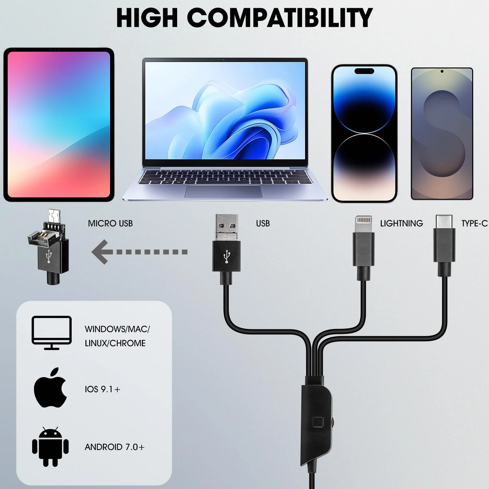 Mikroskop USB 1080P z metalowym stojakiem, ręczny mikroskop cyfrowy 50X-1000X, kompatybilny z iPhone/Android/Windows/Mac