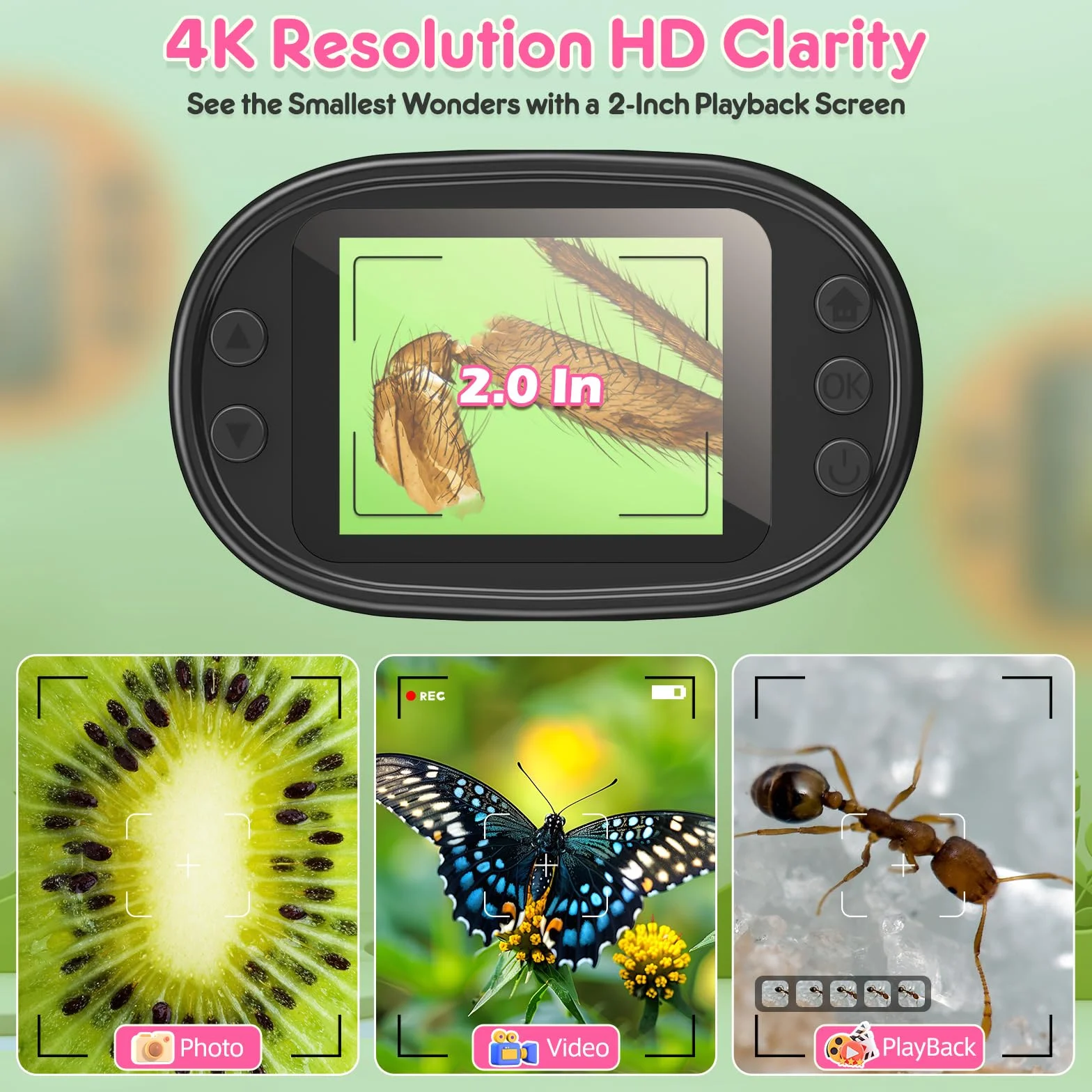 1000X przenośny mikroskop cyfrowy dla dzieci, ekran 4K o przekątnej 2,0", elektroniczny z zestawem szkiełek, minimikroskop kieszonkowy, prezent edukacyjny, dla 4-12 lat