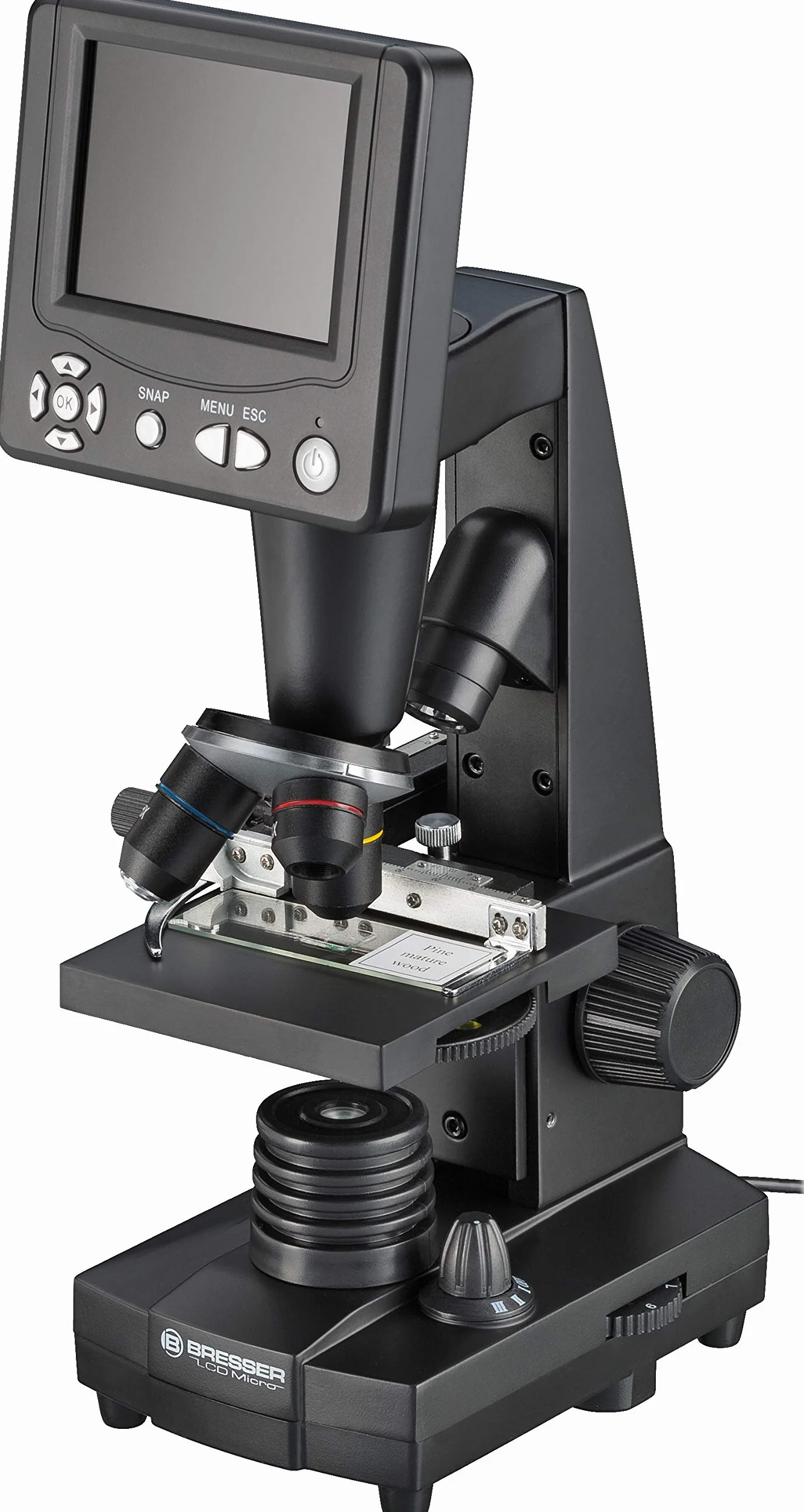 Bresser mikroskop LCD 50x-500x, (2000x cyfrowy), czujnik 5-megapikselowy i 8,9 cm (3,5"), w zestawie stolik krzyżowy do regulacji obiektu, złącze kart SD i liczne akcesoria