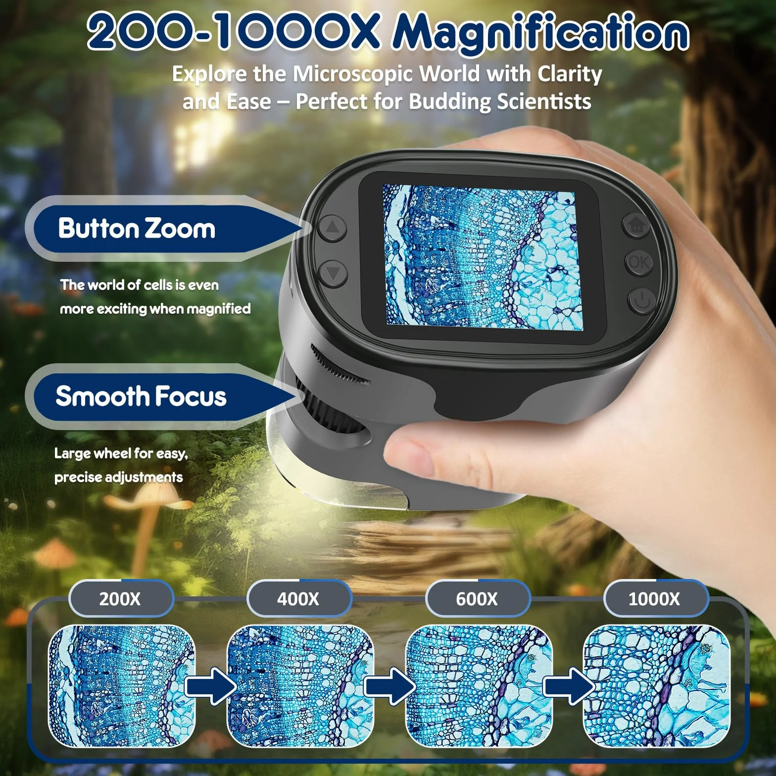 1000X przenośny mikroskop cyfrowy dla dzieci, ekran 4K o przekątnej 2,0", elektroniczny z zestawem szkiełek, minimikroskop kieszonkowy, prezent edukacyjny, dla 4-12 lat