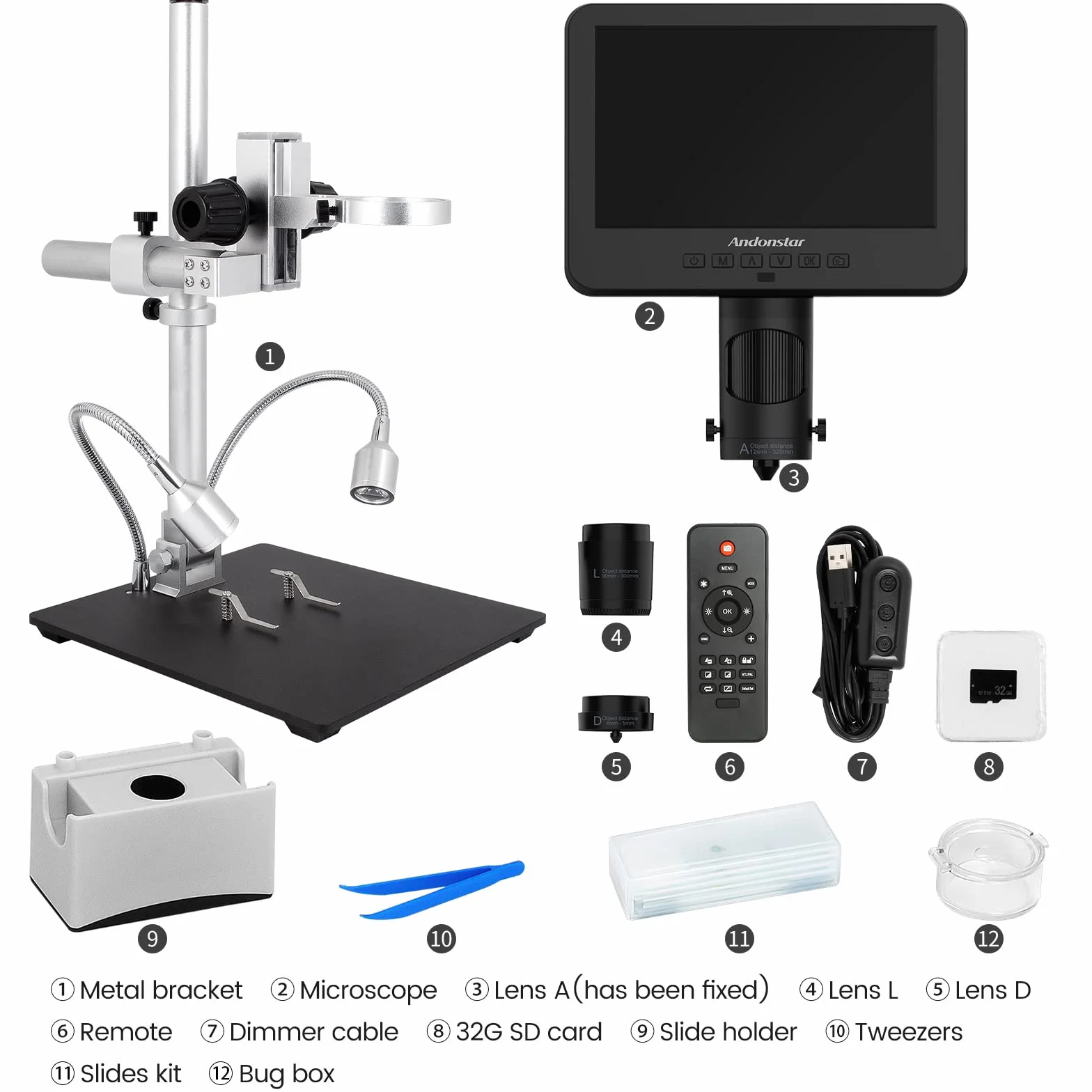 Andonstar AD246 mikroskop cyfrowy dla dorosłych, mikroskop lutowniczy z 3 soczewkami, nagrywanie wideo 1080P FHD, 7-calowy LCD 500x, mikroskop monetowy, zestaw mikroskopu biologicznego z kartą 32 GB, przygotowane slajdy