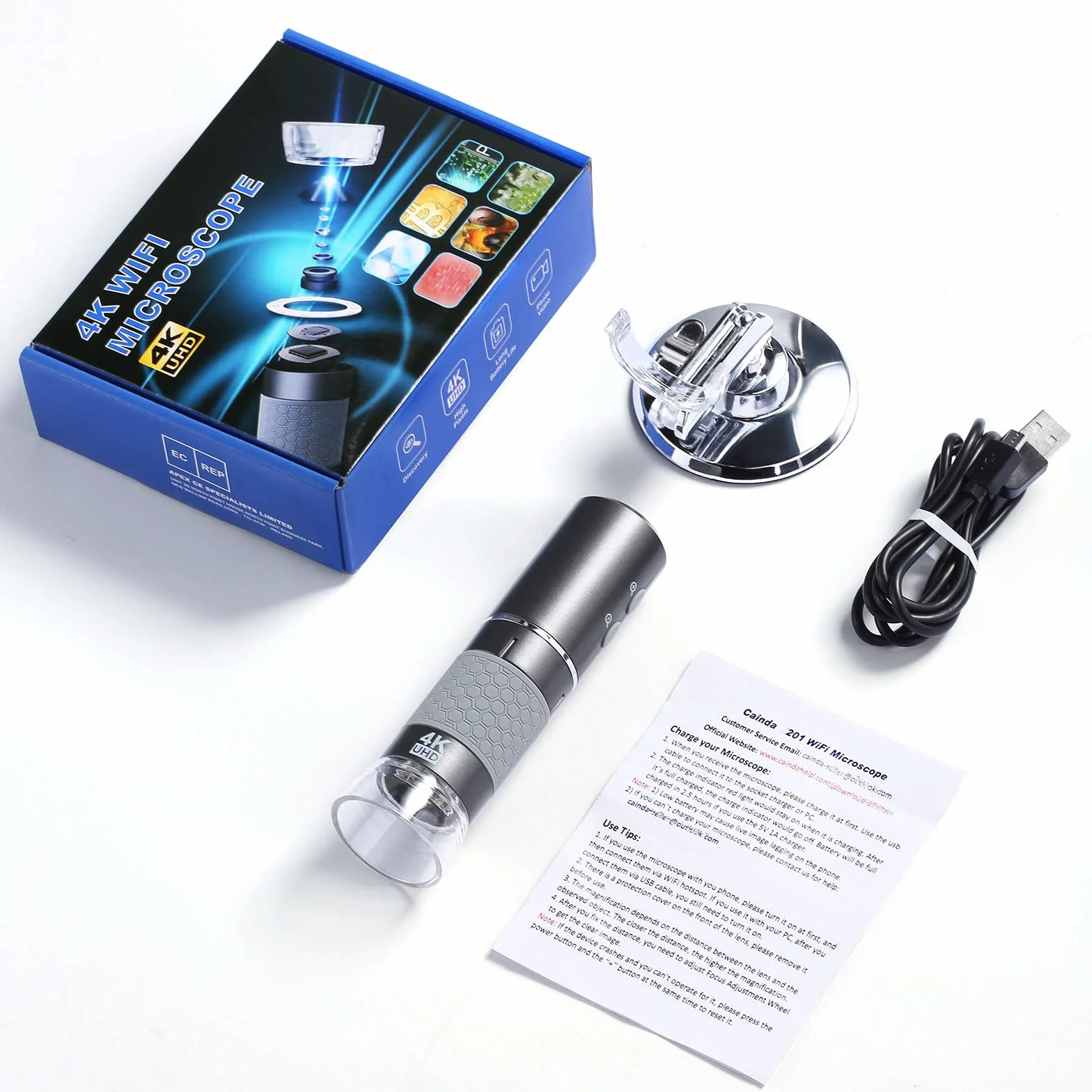 HD 4K 3840 x 2160P WiFi Cyfrowy Mikroskop do iPhone, Android, Windows i Mac - Bezprzewodowy, Przenośny z Podstawką dla Dorosłych i Dzieci