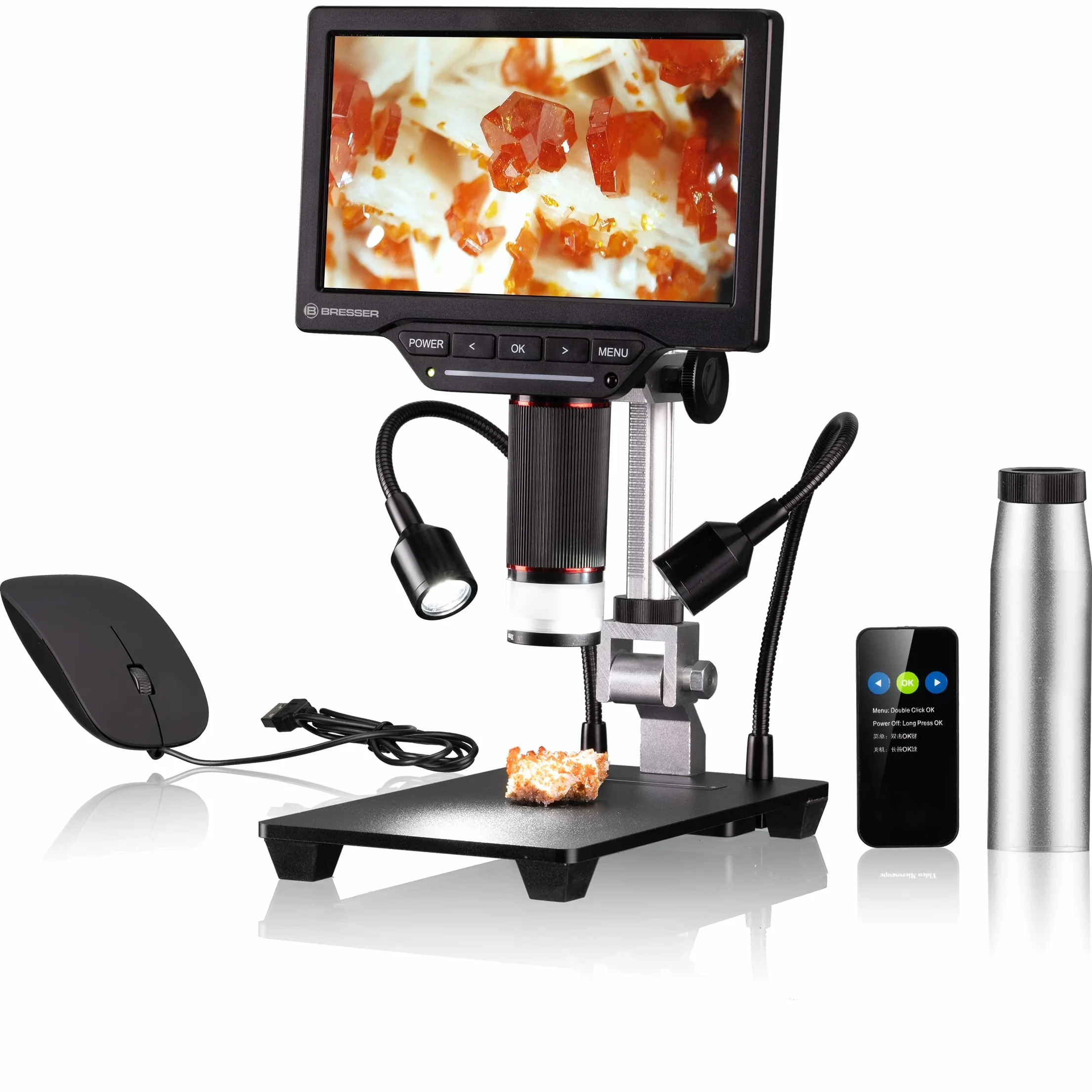 Bresser Cyfrowy mikroskop 2 l z regulowanym oświetleniem, Wi-Fi, kolorowy ekran LCD o wysokiej rozdzielczości 17,8 cm (7"), funkcja nagrywania wideo i zdjęć 1080p
