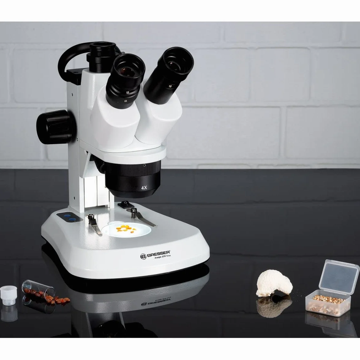 Bresser Trójokularowy stereomikroskop Analyth STR Trino 10 x – 40 x z osobno ściemnianym światłem LED w górę i w górę i z uchwytem do przenoszenia