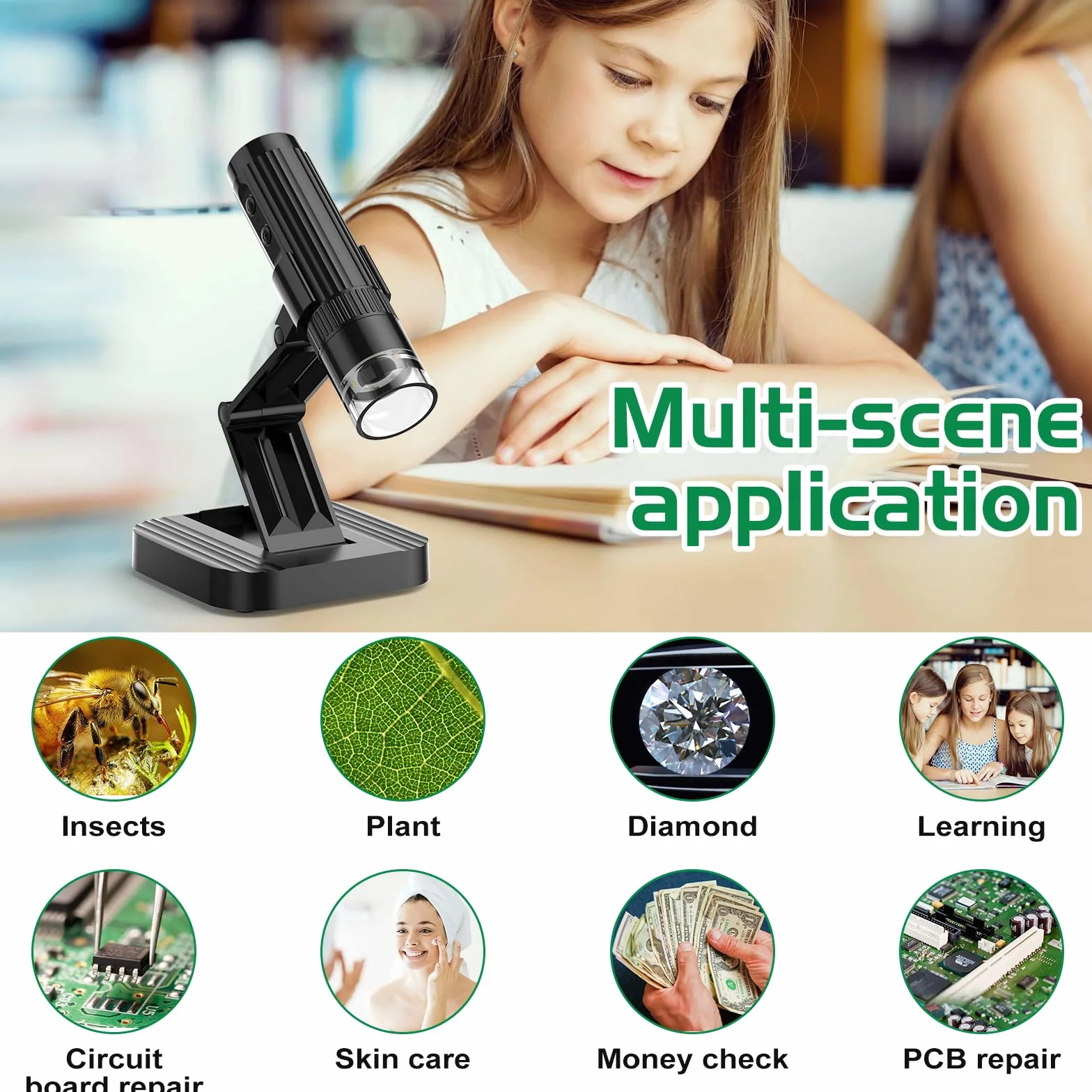 WADEO Mikroskop cyfrowy WADEO WiFi USB, 1080P HD 50-1000X Mikroskop ręczny z 2 kamerami MEGAPIXEL i 8 diodami LED, kompatybilny z iPhone, iPad, Android, Mac, Windows