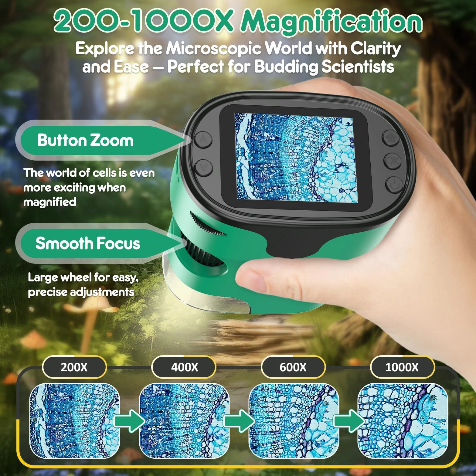 1000X przenośny mikroskop cyfrowy dla dzieci, ekran 4K o przekątnej 2,0", elektroniczny z zestawem szkiełek, minimikroskop kieszonkowy, prezent edukacyjny, dla 4-12 lat