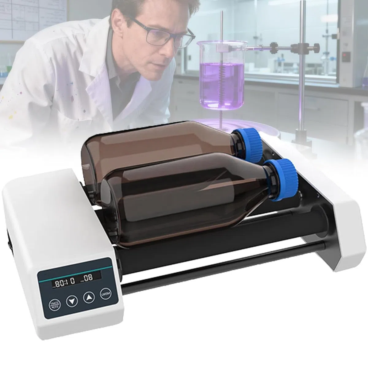 Mikser rolkowy do laboratoryjnych butelek z odczynnikiem, 4 rolki, regulowana prędkość 20-80 obr./min, odpowiedni rozmiar 45-100 mm, maksymalna pojemność butelki z odczynnikiem, 1 litr x 2/2 kg