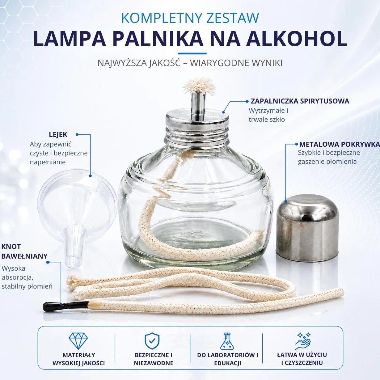 Behler Lampa Palnika na Alkohol szklany z systemem zabezpieczającym przed rozlaniem. Zawiera knot, poj. 120ml. Zakręcany palnik alkoholowy do ogrzewania sprzętu laboratoryjnego.