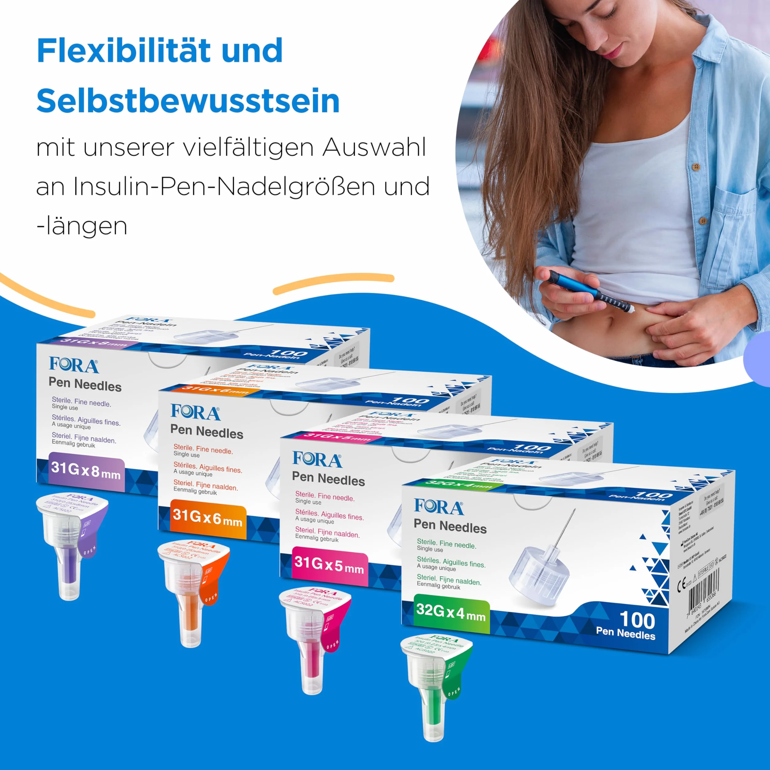 FORA Komfortowe igły do insuliny (32G, 4 mm) – uniwersalne zastosowanie, opakowanie 100 sztuk