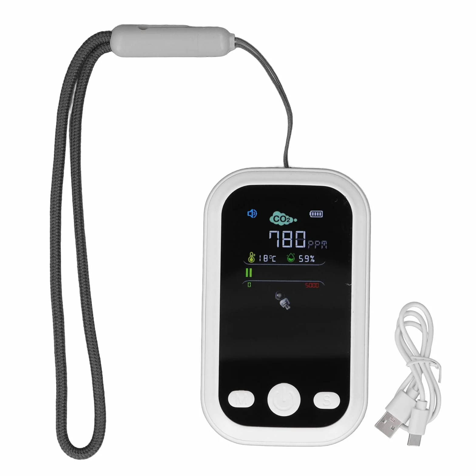 Detektor CO2 Typ C Ekran IPS Detektor CO2, Miernik CO2 Tester Temperatury i Wilgotności z Czujnikiem Podczerwieni NDIR dla Fabryk i Rodzin Monitorowanie Jakości Powietrza (WHITE)