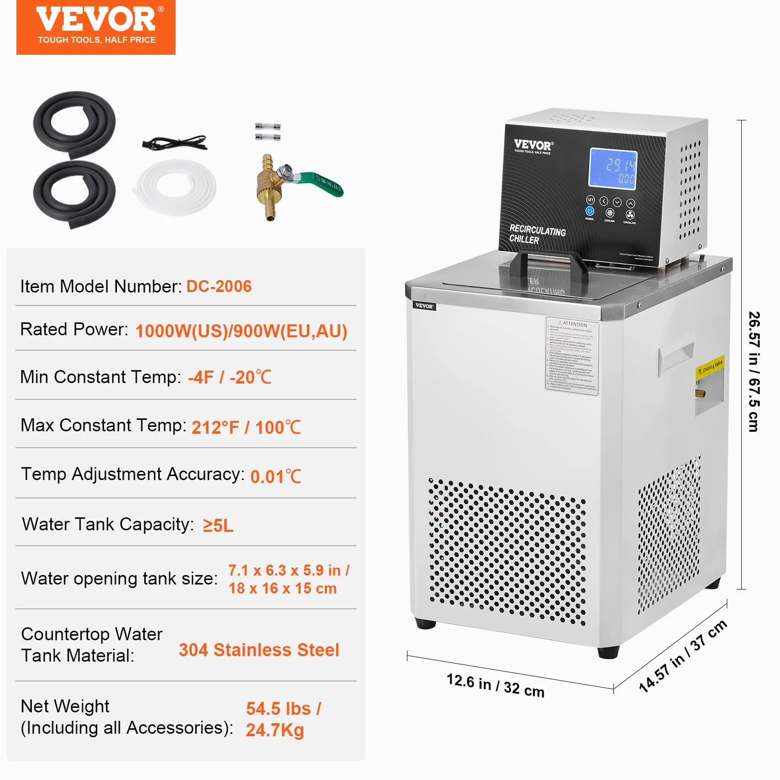 VEVOR Chłodnica laboratoryjna 6L ze stali nierdzewnej laboratoryjna pompa cyrkulacyjna -20~100 ° C chłodzony wodą cyrkulacyjny wyświetlacz LCD do biotechnologii, analizy chemiczne