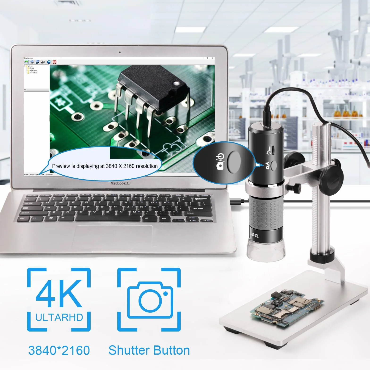 4K 3840x2160p WiFi Cyfrowy mikroskop z regulowanym metalowym stojakiem, bezprzewodowy przenośny mikroskop dla inteligentnych telefonów i Windows Mac PC