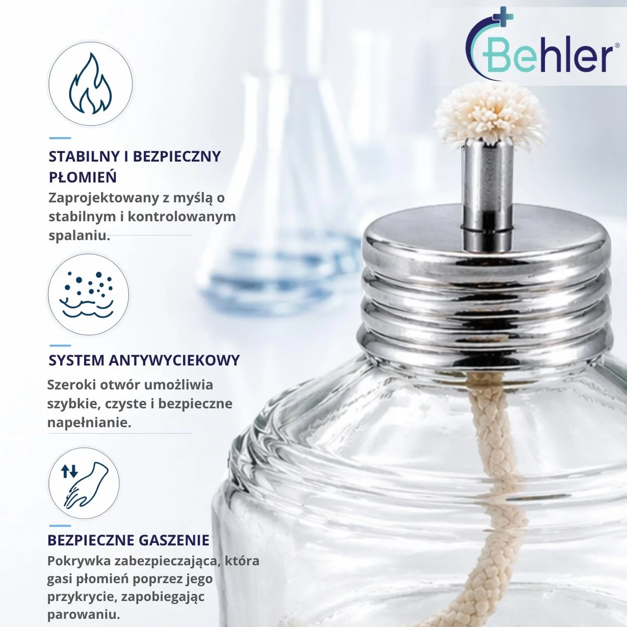 Behler Lampa Palnika na Alkohol szklany z systemem zabezpieczającym przed rozlaniem. Zawiera knot, poj. 120ml. Zakręcany palnik alkoholowy do ogrzewania sprzętu laboratoryjnego.