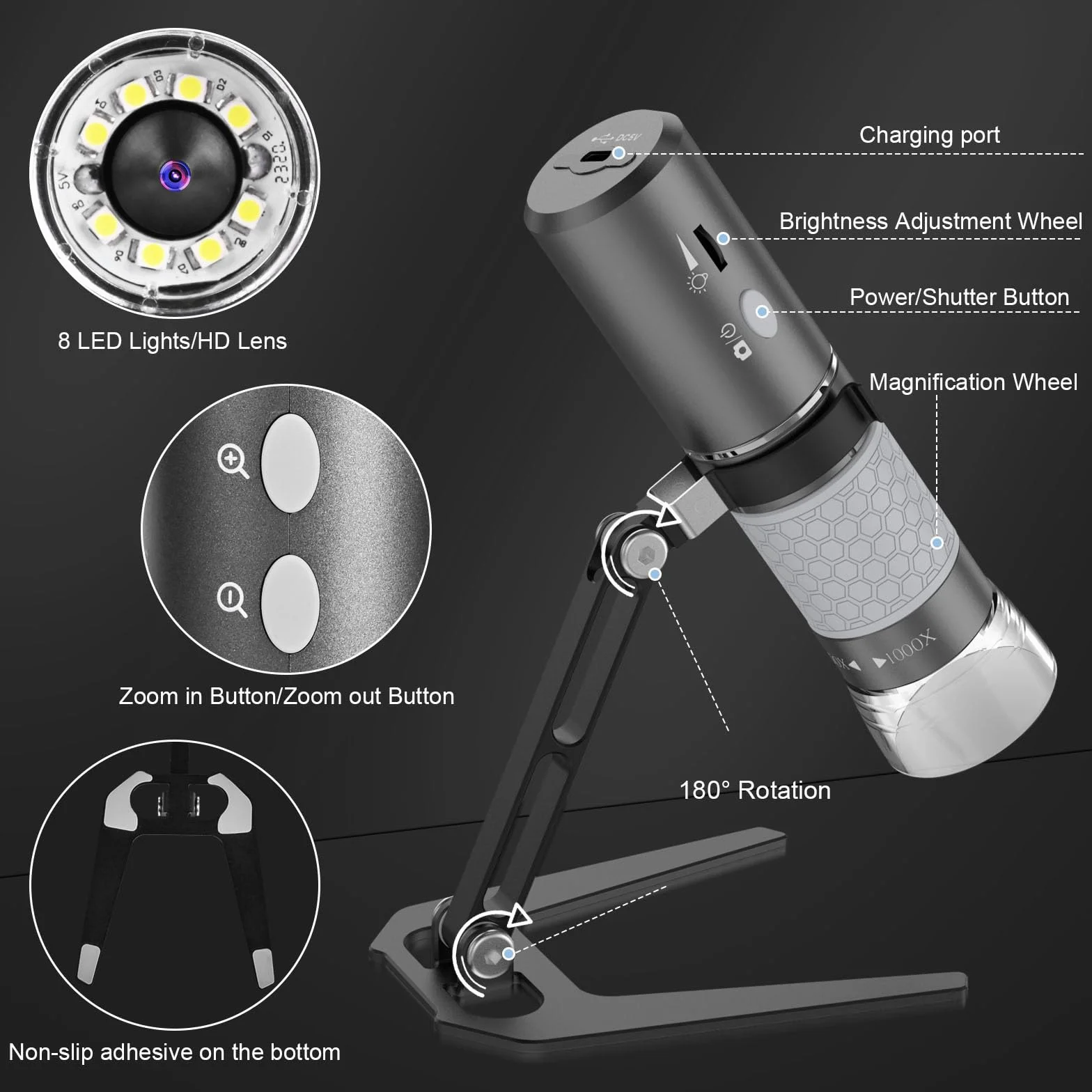 Mikroskop 4K WiFi Ulepszony stojak na iPhone'a Android PC 50-1000X Mikroskop cyfrowy USB Bezprzewodowy do wszystkich telefonów komórkowych iPad Android Tablet Windows Mac Chrome Linux Komputer