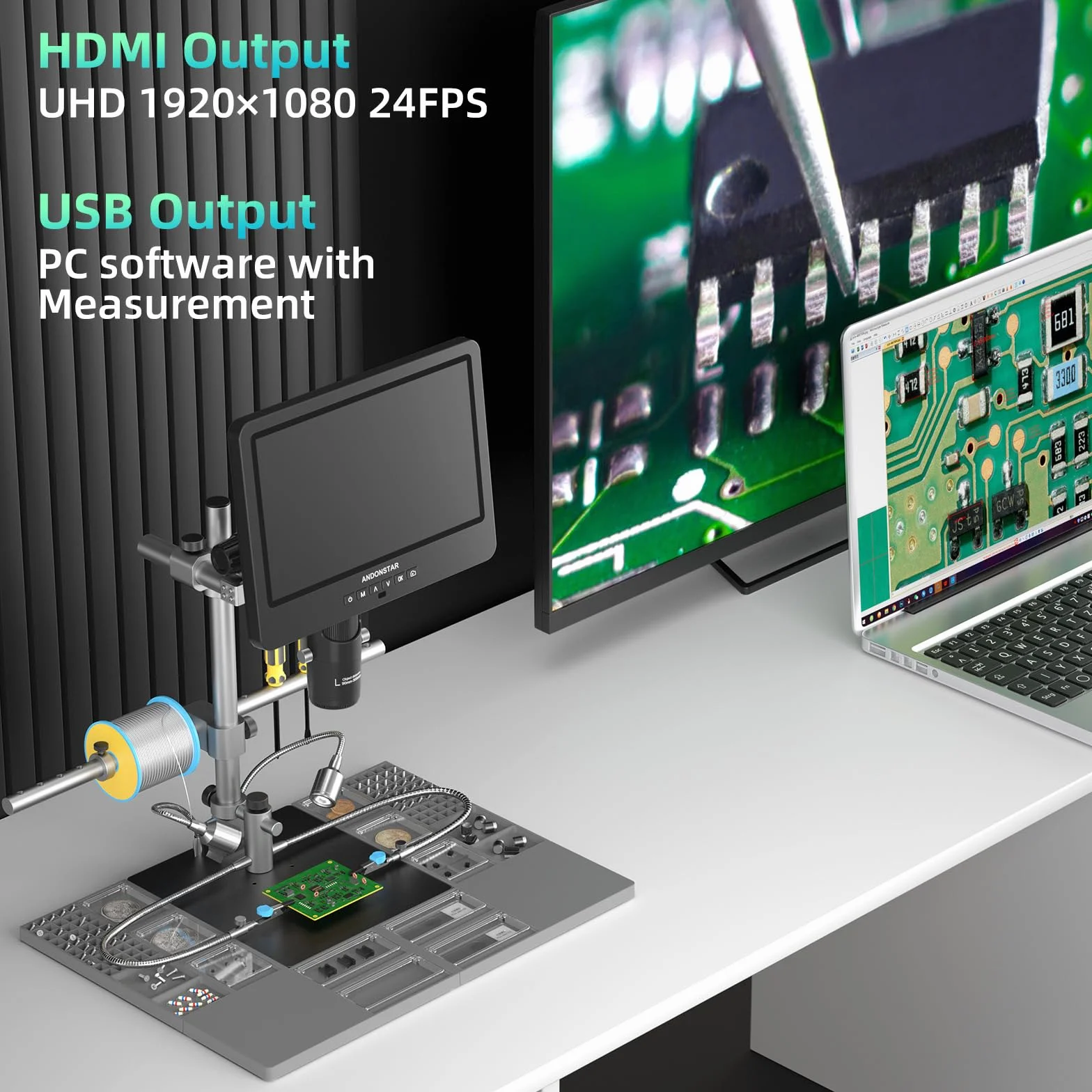 Andonstar AD249S-M Plus 10,1'' cyfrowy mikroskop lutowniczy HDMI do naprawy elektroniki, nagrywanie wideo 2000 x 3 obiektywy 2160P UHD, stacja mikroskopowa lutownicza z pomocnymi rękami, slajdy, karta