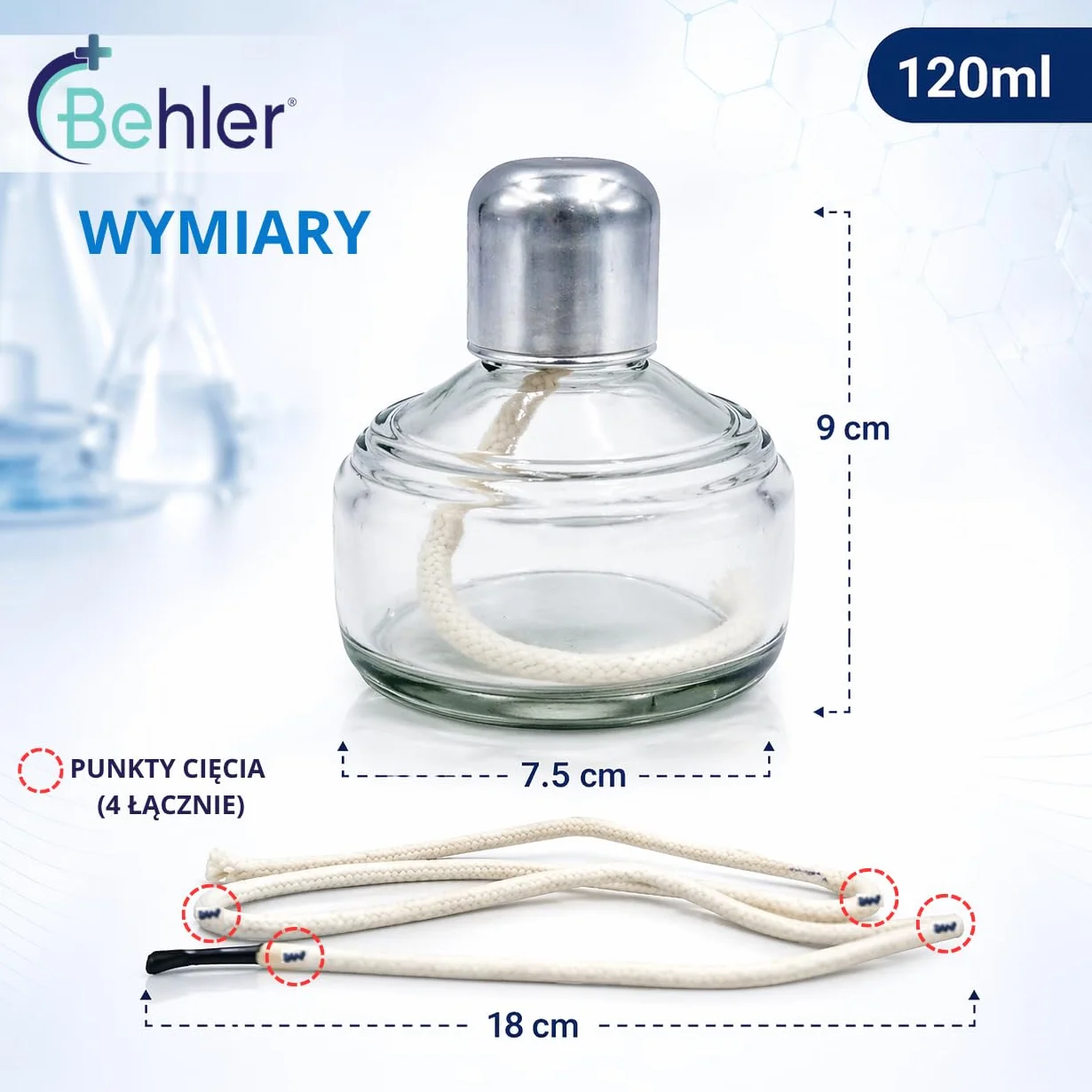 Behler Lampa Palnika na Alkohol szklany z systemem zabezpieczającym przed rozlaniem. Zawiera knot, poj. 120ml. Zakręcany palnik alkoholowy do ogrzewania sprzętu laboratoryjnego.