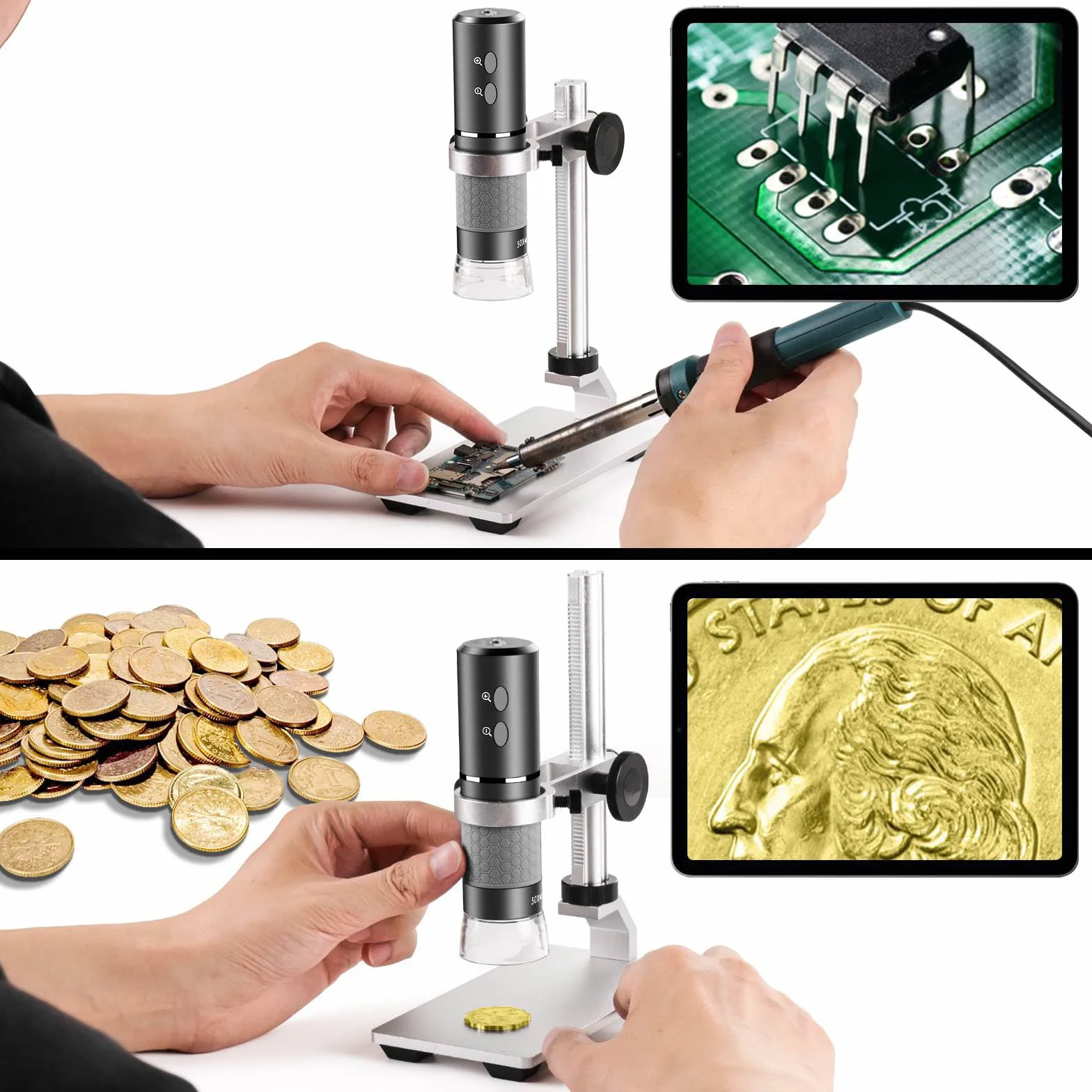4K 3840x2160p WiFi Cyfrowy mikroskop z regulowanym metalowym stojakiem, bezprzewodowy przenośny mikroskop dla inteligentnych telefonów i Windows Mac PC