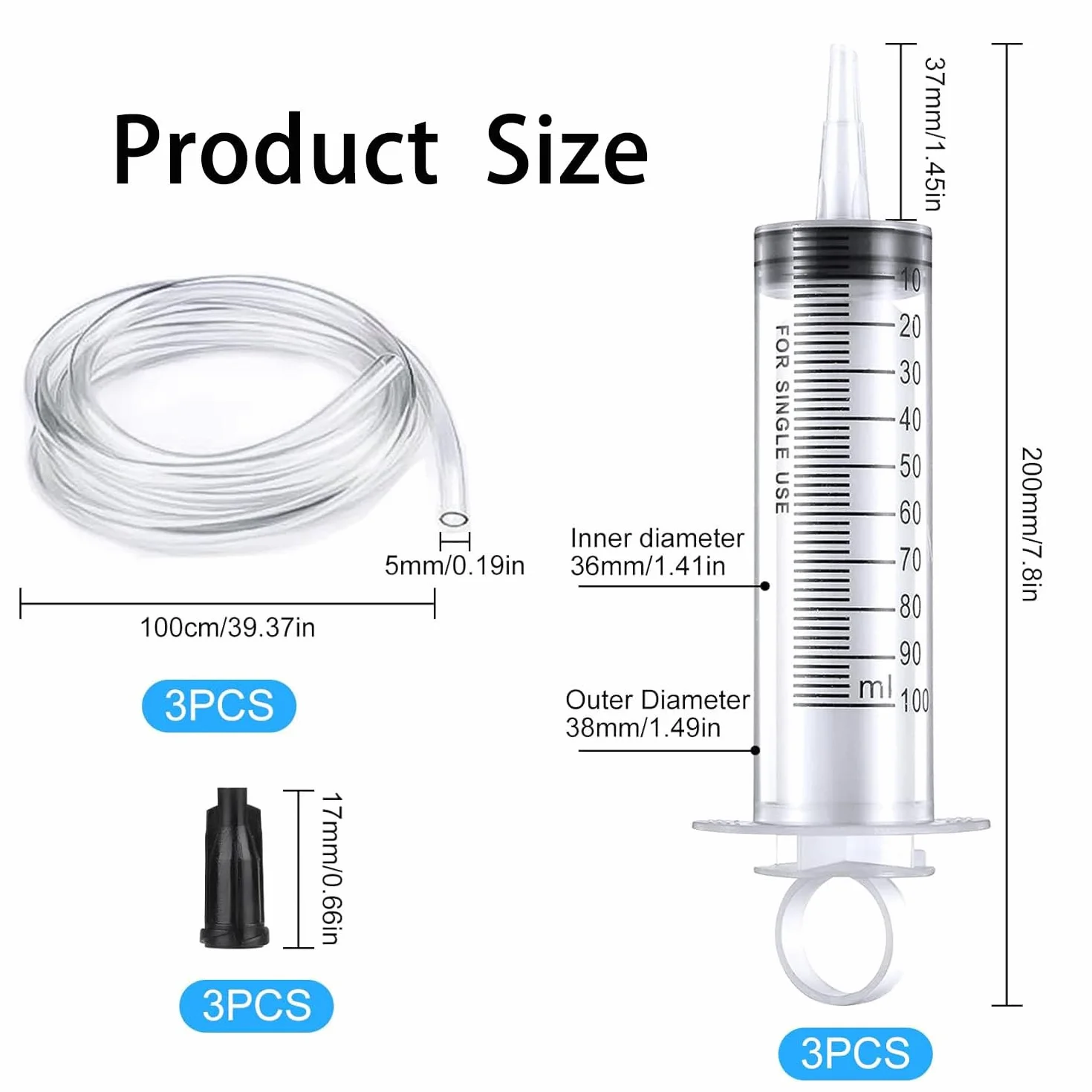 3 sztuki 100 ml strzykawek Duże strzykawki z wężykiem do laboratoriów naukowych Bez igły do napełniania i pomiaru Aplikator kleju do płynów Karmienie zwierząt domowych Laboratoria naukowe