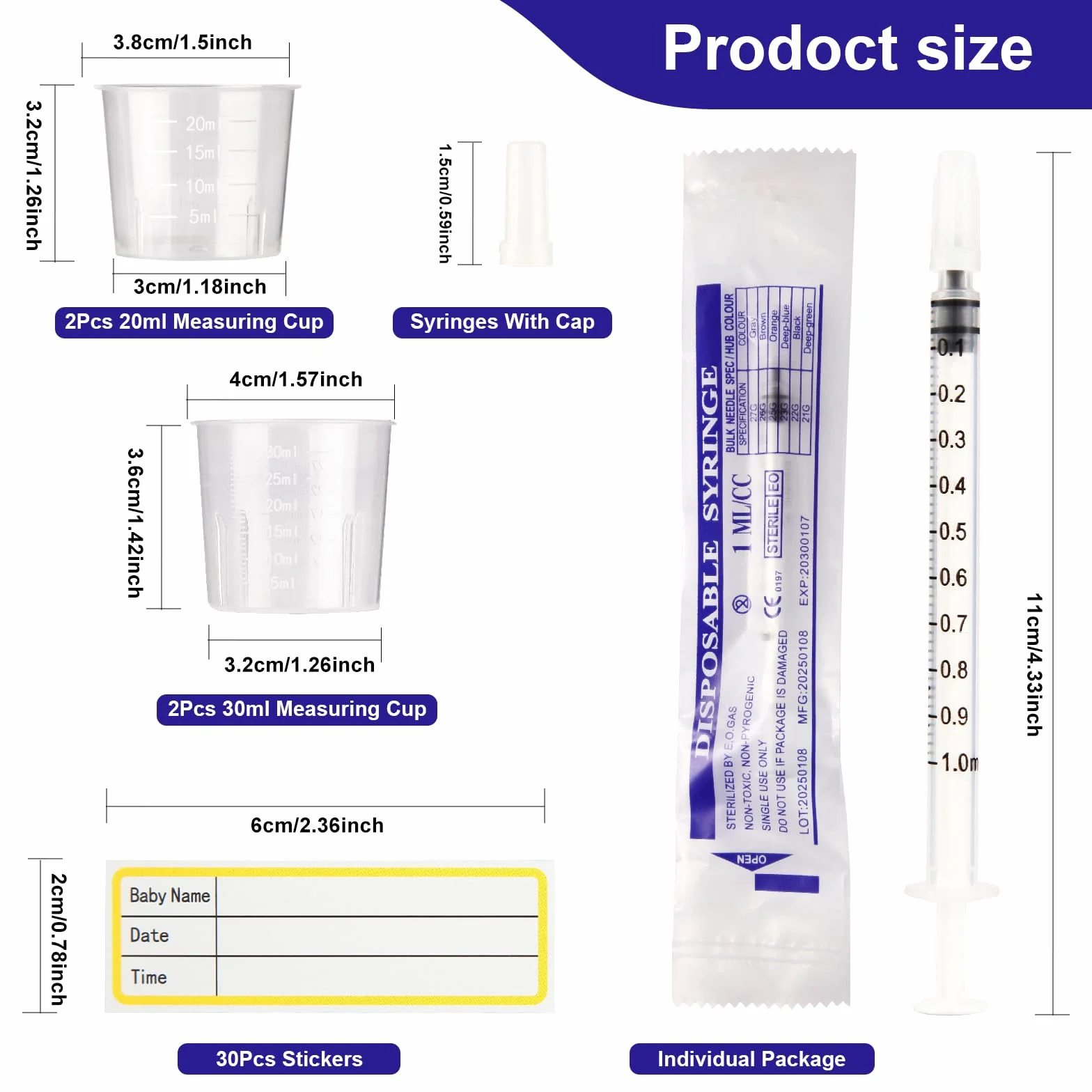 Strzykawki 1 ml z nakrętkami bez igły, strzykawki z siarą, 20 ml, 30 ml kubki pomiarowe i 30 naklejek, do napełniania i pomiaru płynów, laboratoriów naukowych, podlewania roślin, karmienia zwierząt
