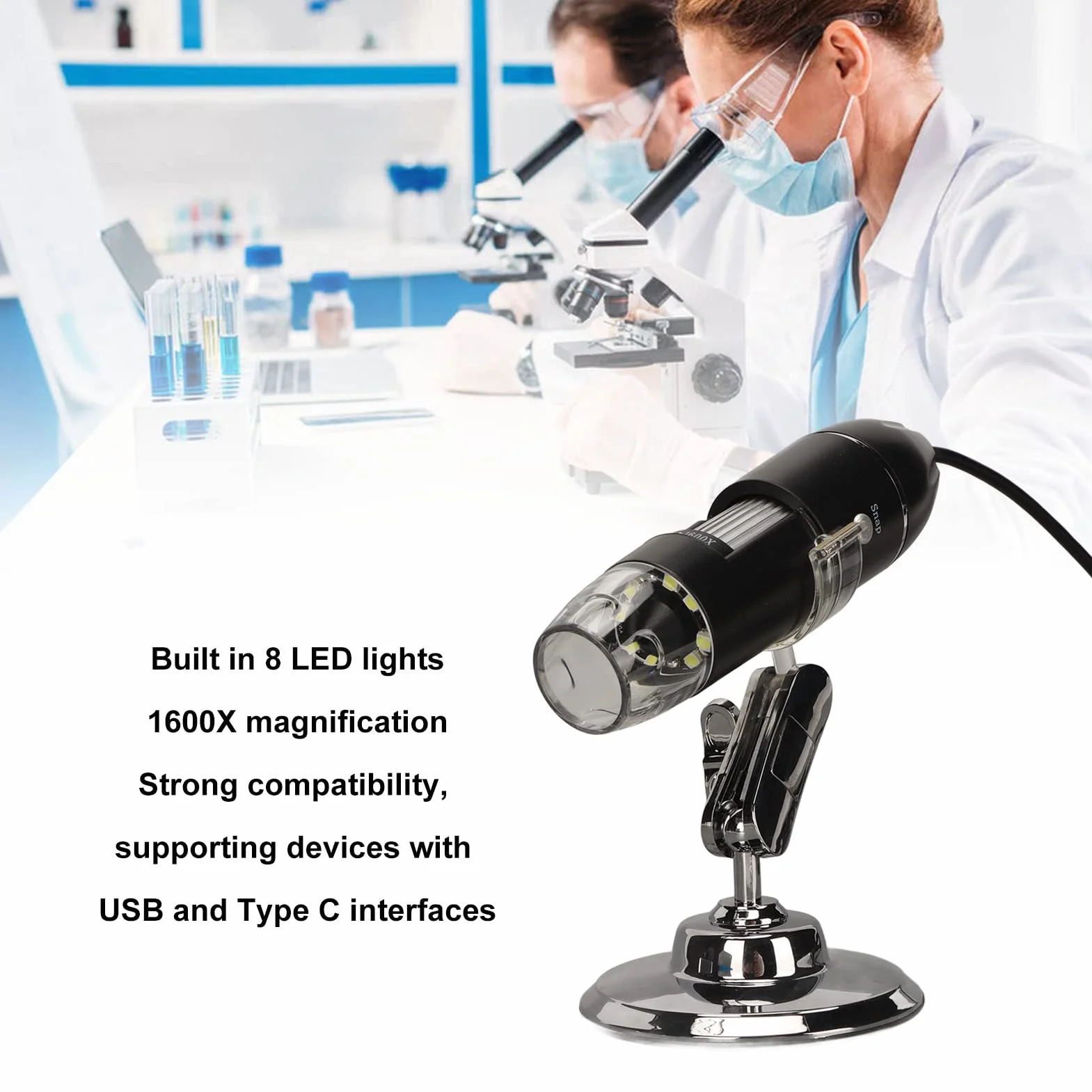 Mikroskop Cyfrowy, Powiększenie 1600X HD Przenośne Mikroskopy Ręczne, 8 Diod LED, USB Typu C 2 w 1, Elektroniczny Mikroskop Cyfrowy dla Systemu Android