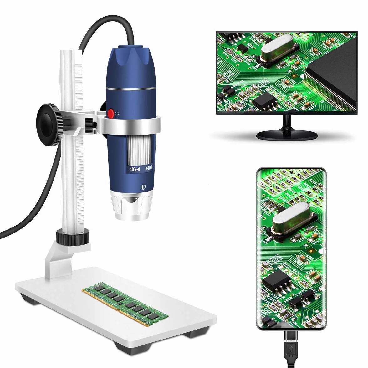 Jiusion HD 2MP USB mikroskop cyfrowy 40-1000X przenośna kamera endoskopowa z 8 diodami LED stabilny stojak ze stopu aluminium do OTG Android Mac Windows 7 8 10 11 Linux