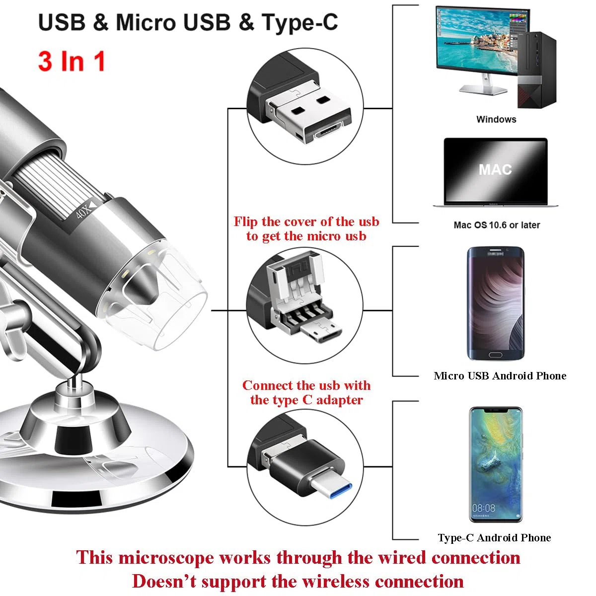 Mikroskop USB, 40 x do 1000 x, cyfrowy mikroskop z metalowym stojakiem i torbą do noszenia, kompatybilny z systemem Android Windows 7, 8, 10, 11, Linux, Mac, przenośna kamera mikroskopowa dla dzieci