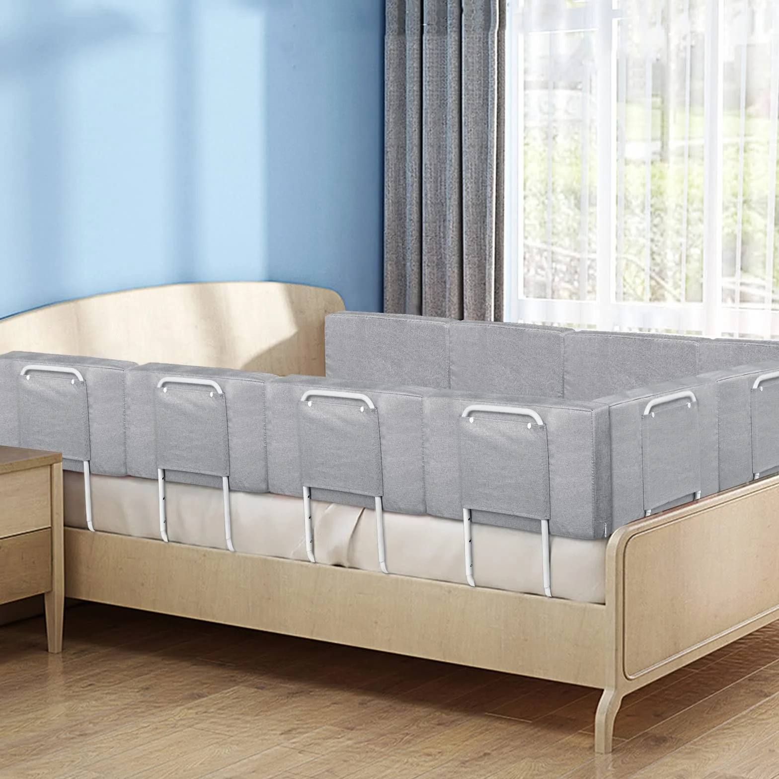 HENGMEI Barierka ochronna do łóżka, 60 cm, z regulacją wysokości, ochrona przed upadkiem, regulowana ochrona boczna, 40-60 cm, lniana szara