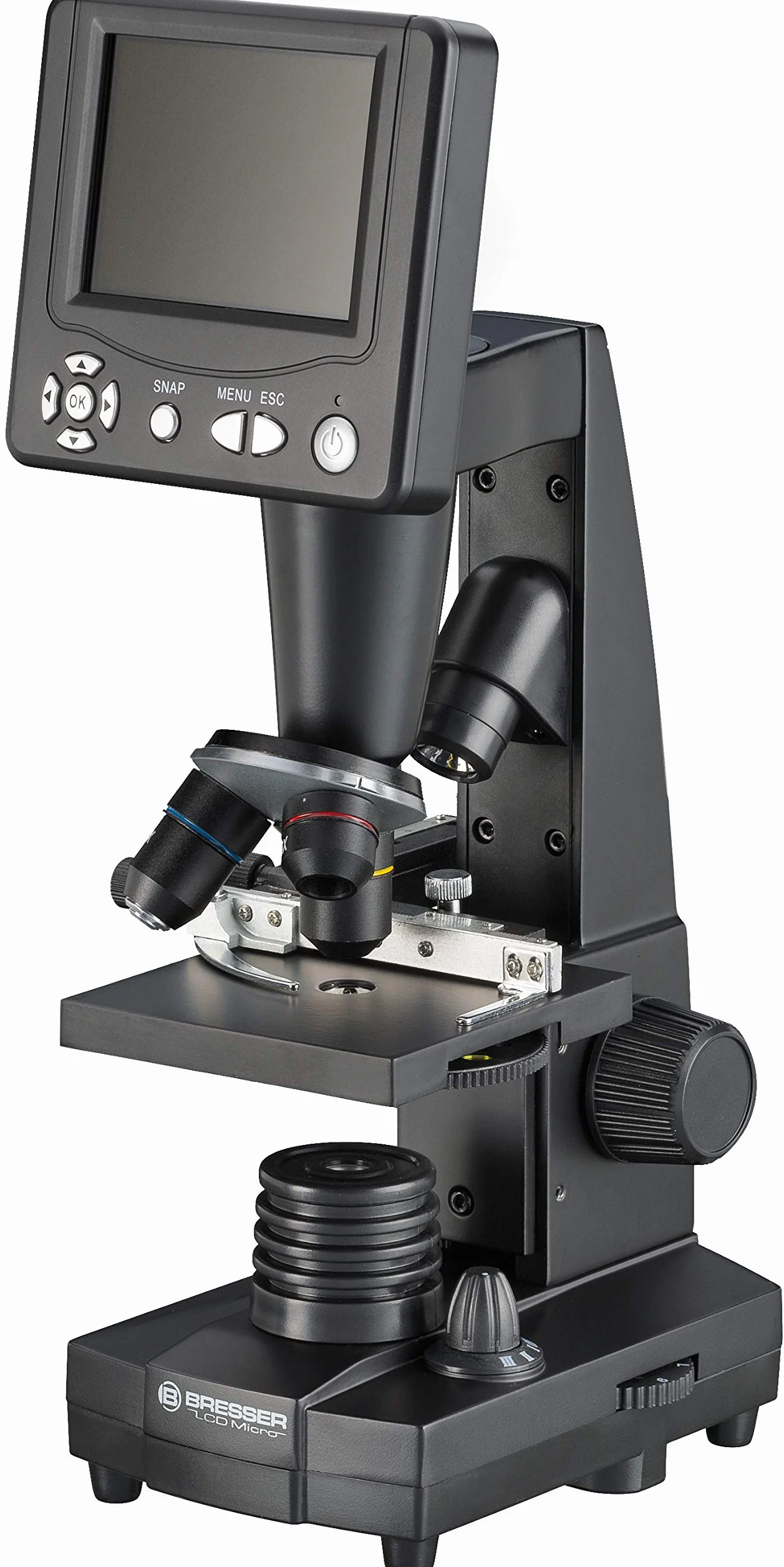 Bresser mikroskop LCD 50x-500x, (2000x cyfrowy), czujnik 5-megapikselowy i 8,9 cm (3,5"), w zestawie stolik krzyżowy do regulacji obiektu, złącze kart SD i liczne akcesoria