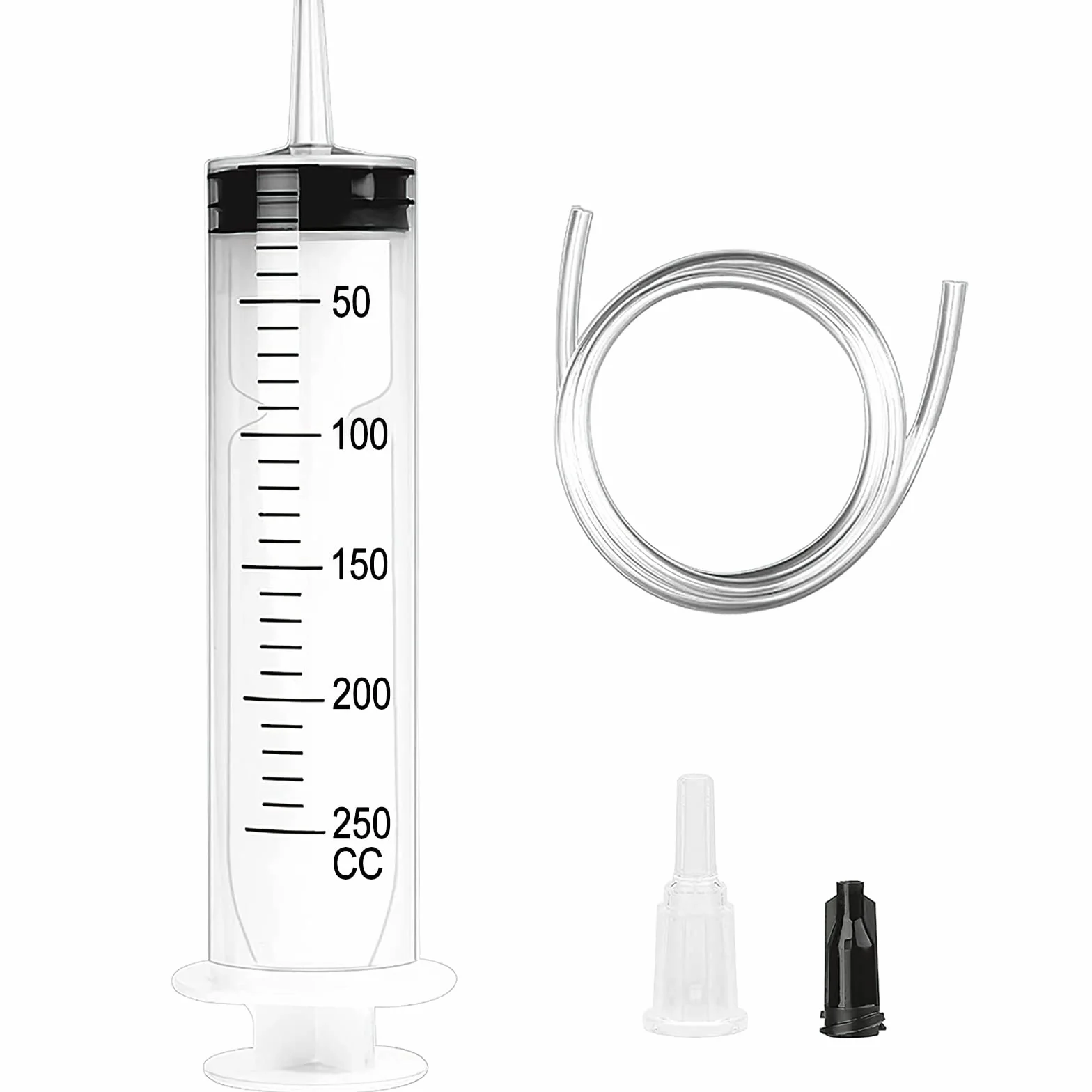 Duża strzykawka 250 ml, plastikowa strzykawka, wielokrotnego użytku, z wężem i zatyczką, wąż do koparki, do laboratorium, przemysłu, ogrodu i karmienia zwierząt domowych