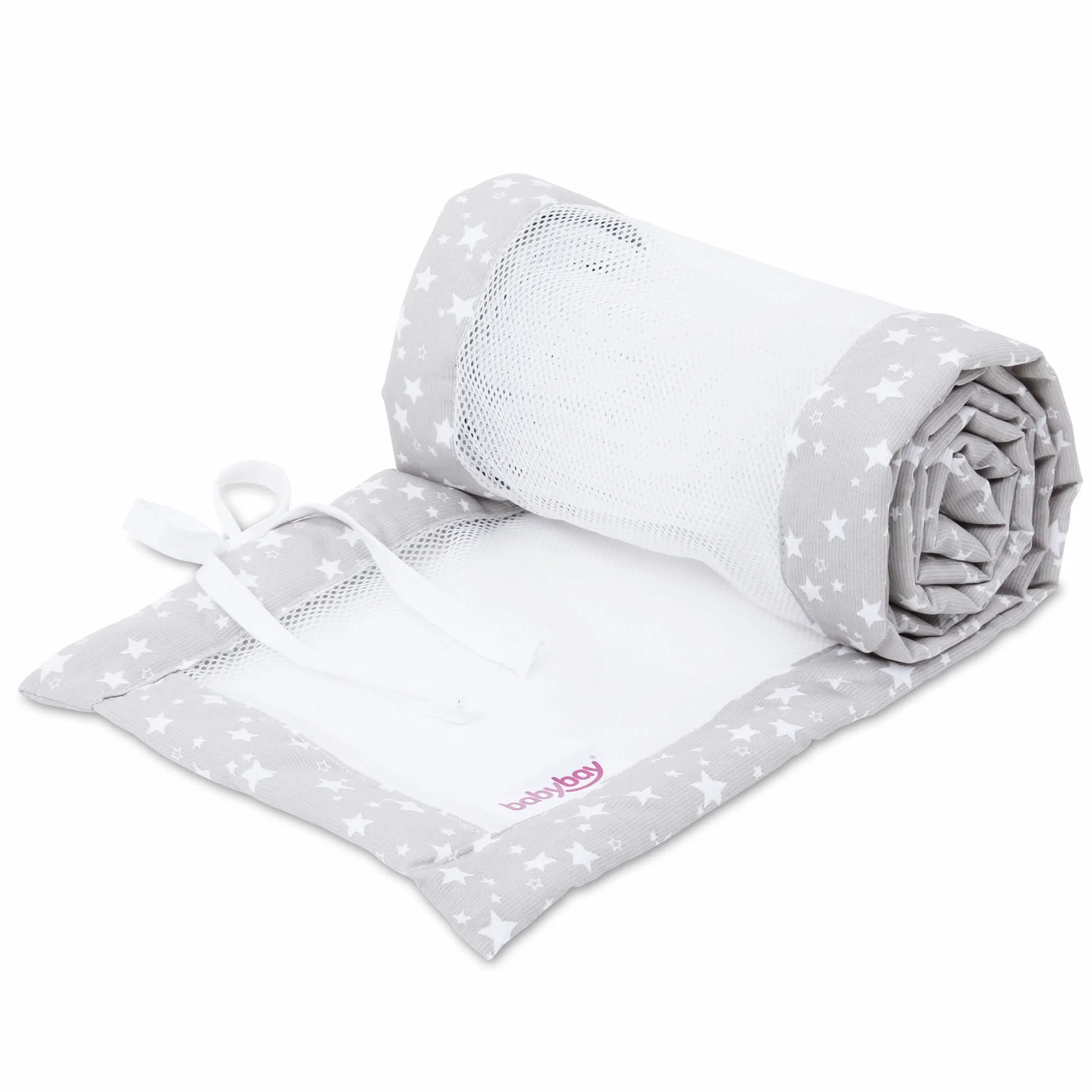 babybay Ochraniacz do łóżeczka dziecięcego z siateczki, ochrona przed uderzeniami, pasuje do modeli Maxi, Boxspring, Comfort i Comfort Plus, perłowo-szare gwiazdki, białe