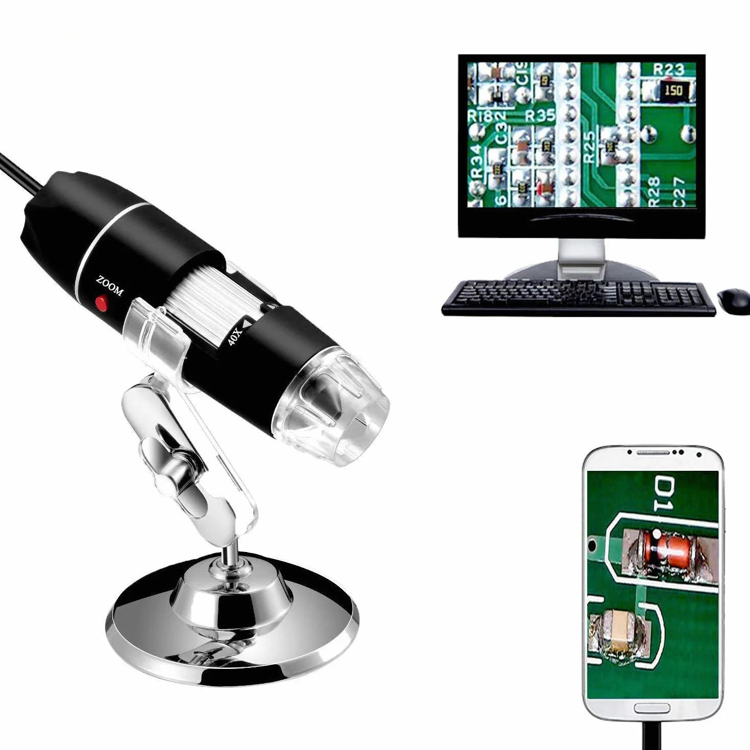 Jiusion Endoskop z powiększeniem od 40 do 1000x, 8 LED USB 2.0, mini kamera z adapterem OTG i metalowym stojakiem, kompatybilny z Mac Windows 7 8 10 11 Android Linux Chrome
