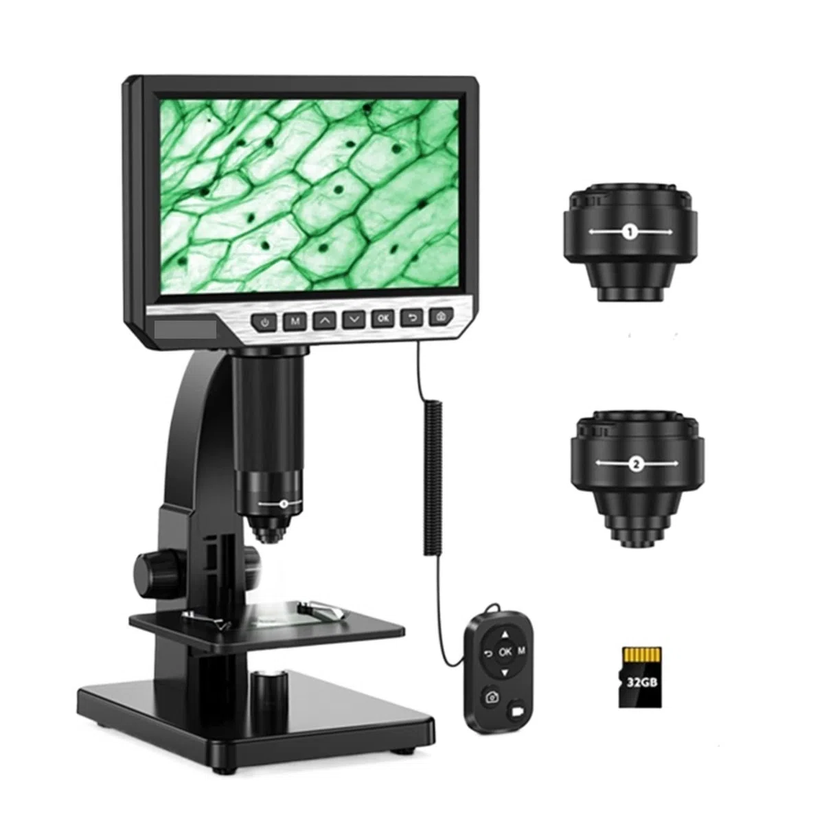 Mikroskop, Mikroskop cyfrowy 2000X 7 "IPS 12MP 1080P laboratoryjny mikroskop biologiczny kamera podwójny obiektyw z pilotem(32GB RC)