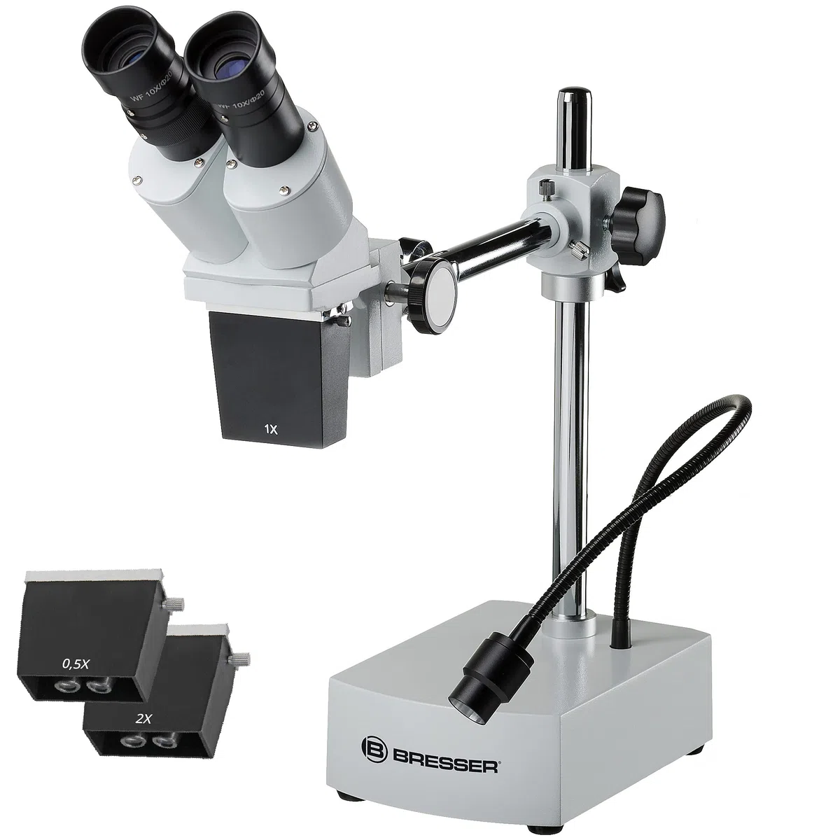 Bresser Mikroskop Biorit ICD-CS 5x-20x podświetlany mikroskop stereo z 3 wymiennymi obiektywami, LED i odległość robocza 230 mm, biały