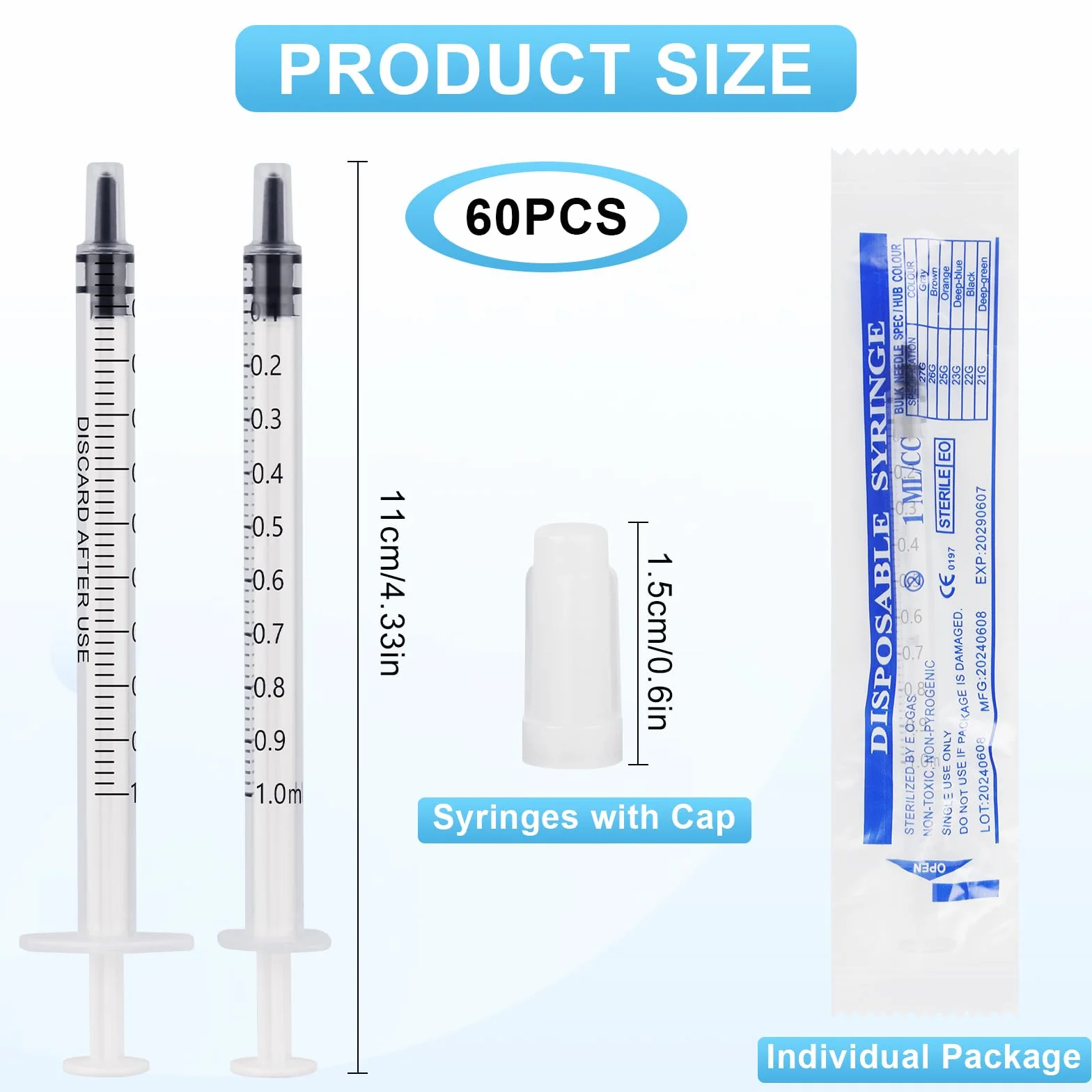 60 sztuk strzykawek 1 ml, strzykawka z siarą z nasadką, plastikowa strzykawka, strzykawka dozująca, 1 ml, do pomiaru płynów, eksperymentów, karmienia zwierząt domowych (bez igły)