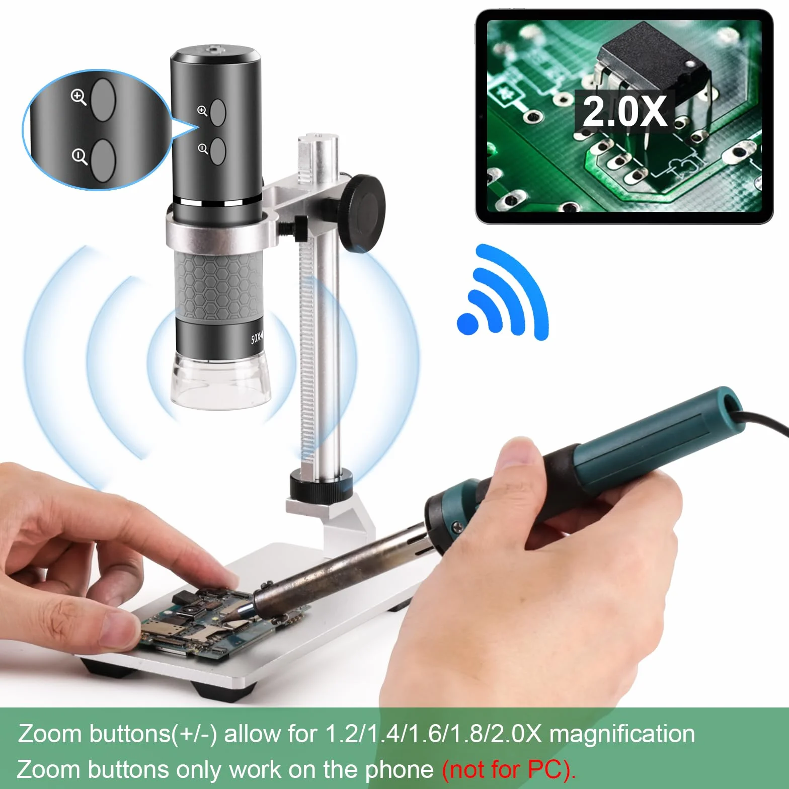 4K 3840x2160p WiFi Cyfrowy mikroskop z regulowanym metalowym stojakiem, bezprzewodowy przenośny mikroskop dla inteligentnych telefonów i Windows Mac PC