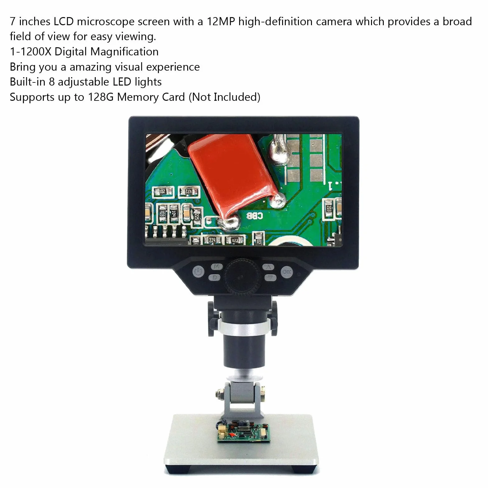 7-calowy Mikroskop Cyfrowy LCD, Powiększenie 1200X, Mikroskop Lutowniczy z Ogniskowaniem 12 MP, 8 Regulowanych Diod LED, Mikroskop 1080P do Lutowania Płytek Drukowanych na Monety