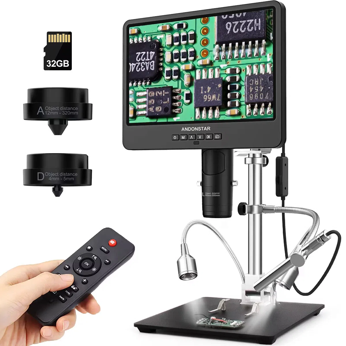 Andonstar AD249S-M 3-obiektywowy mikroskop cyfrowy HDMI z endoskopem, nagrywanie wideo 2160P UHD, wyświetlacz LCD 10,1 cala, mikroskop biologiczny do lutowania i monet, kompatybilny z systemem Windows
