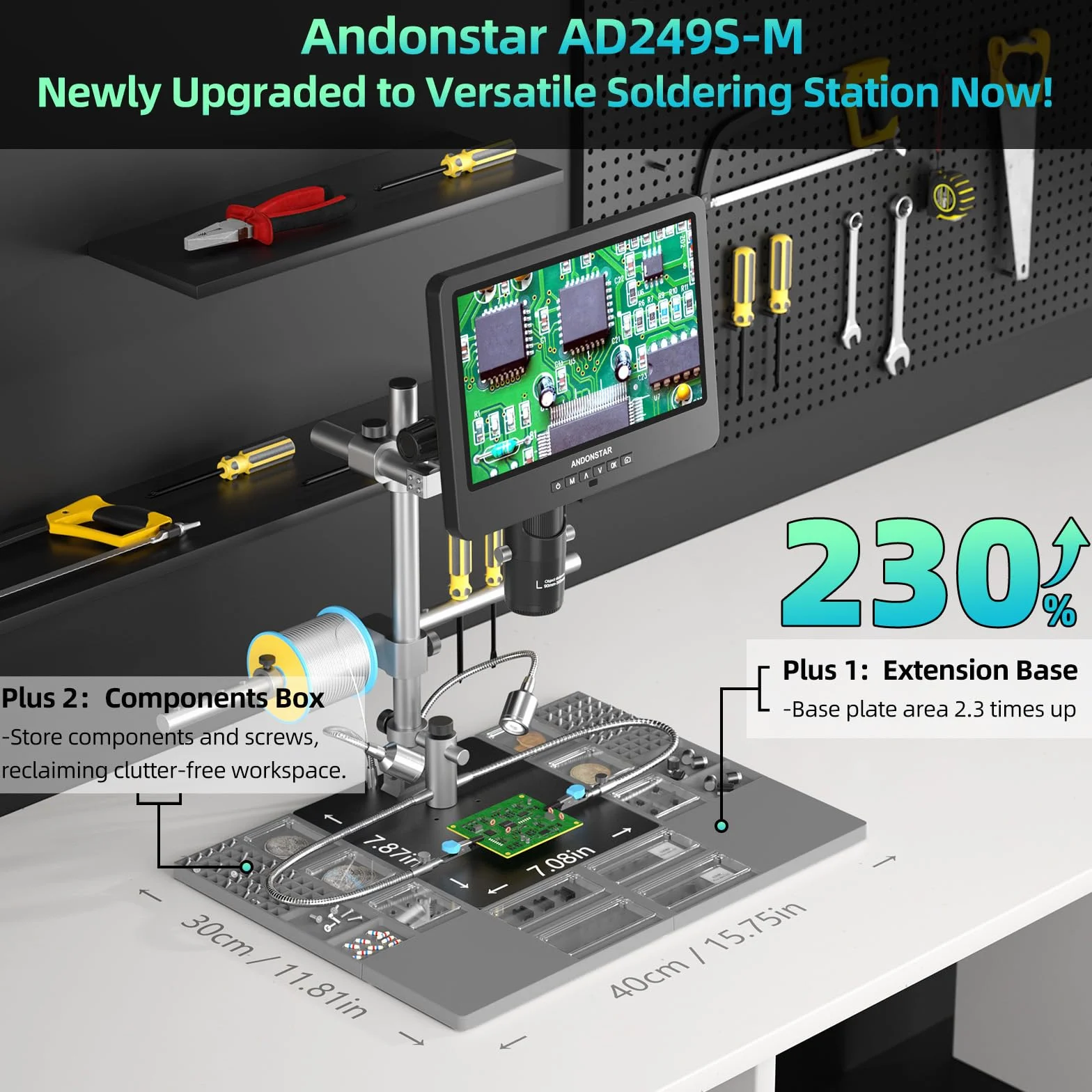 Andonstar AD249S-M Plus 10,1'' cyfrowy mikroskop lutowniczy HDMI do naprawy elektroniki, nagrywanie wideo 2000 x 3 obiektywy 2160P UHD, stacja mikroskopowa lutownicza z pomocnymi rękami, slajdy, karta